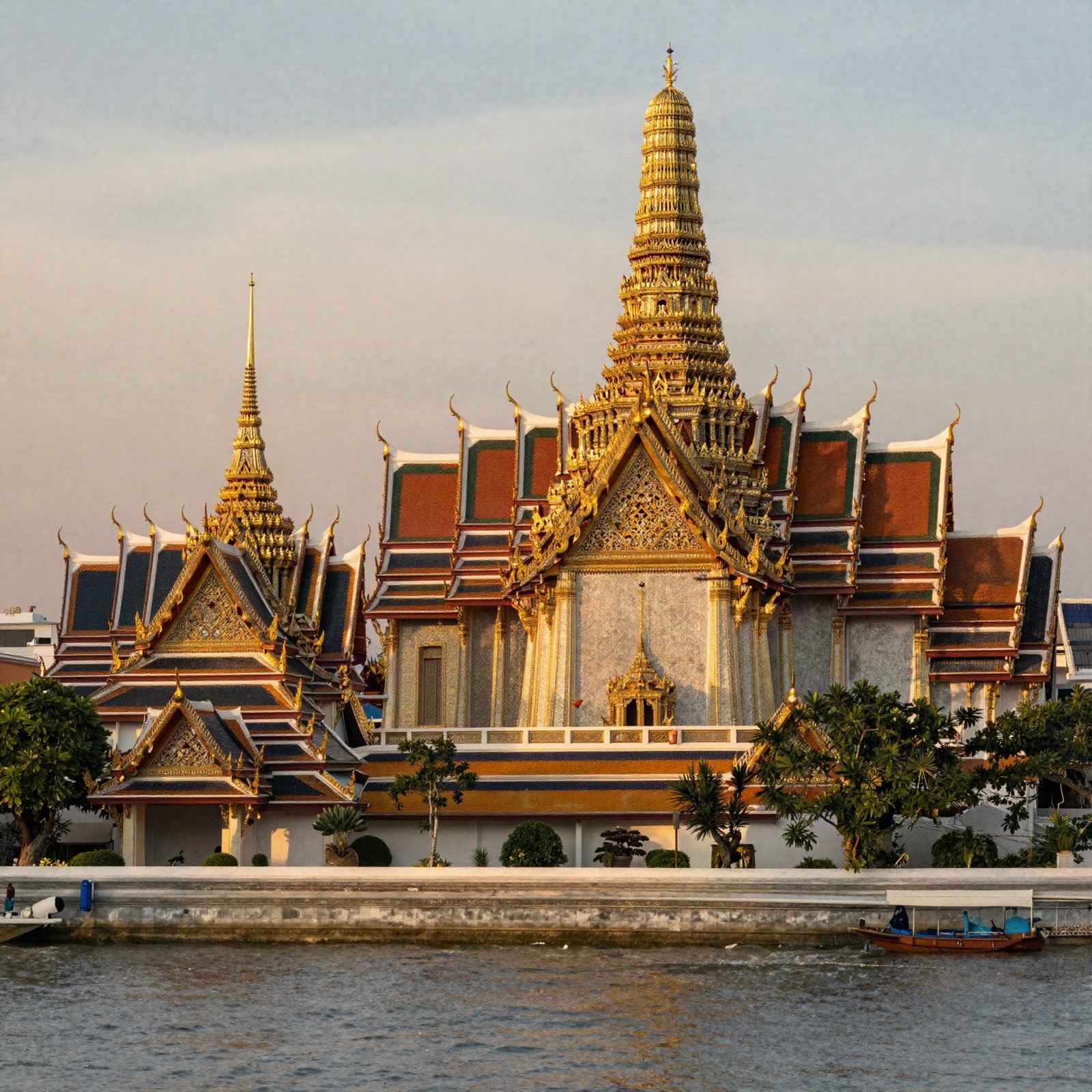 Golden Thai temple beside the river in Bangkok at sunset