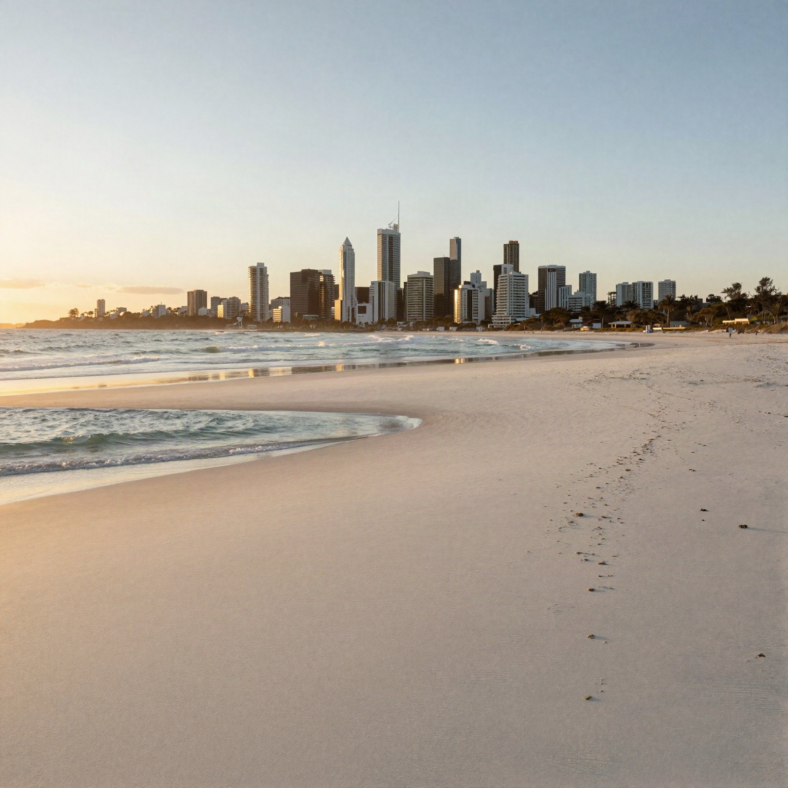 A wide white-sand beach with a city skyline on the horizon at sunset