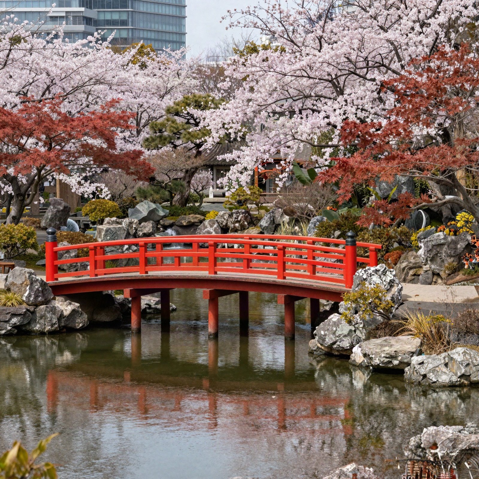 A red arched bridge over a pond in a Japanese garden with cherry blossoms
