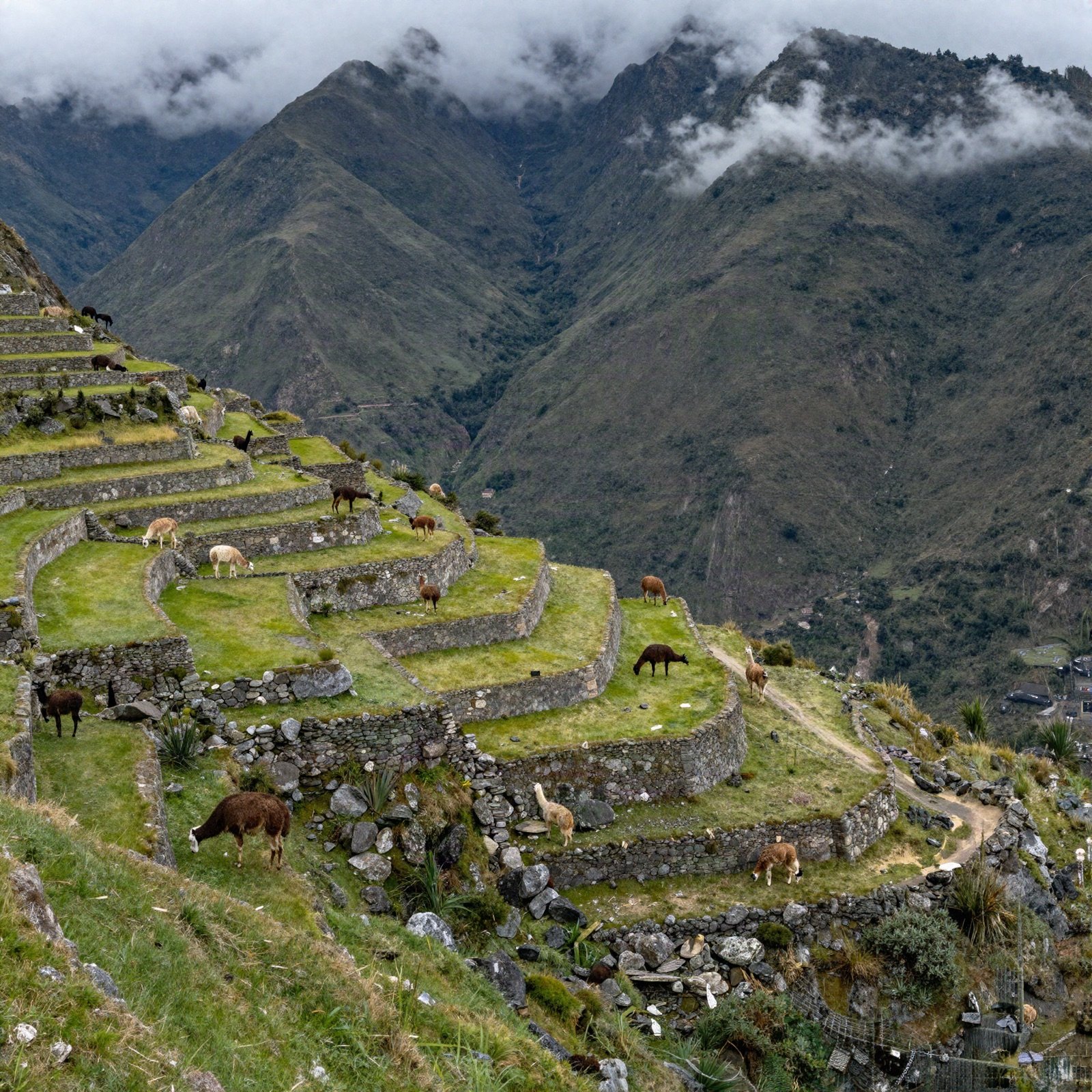 Llamas grazing on ancient stone terraces in the Andes