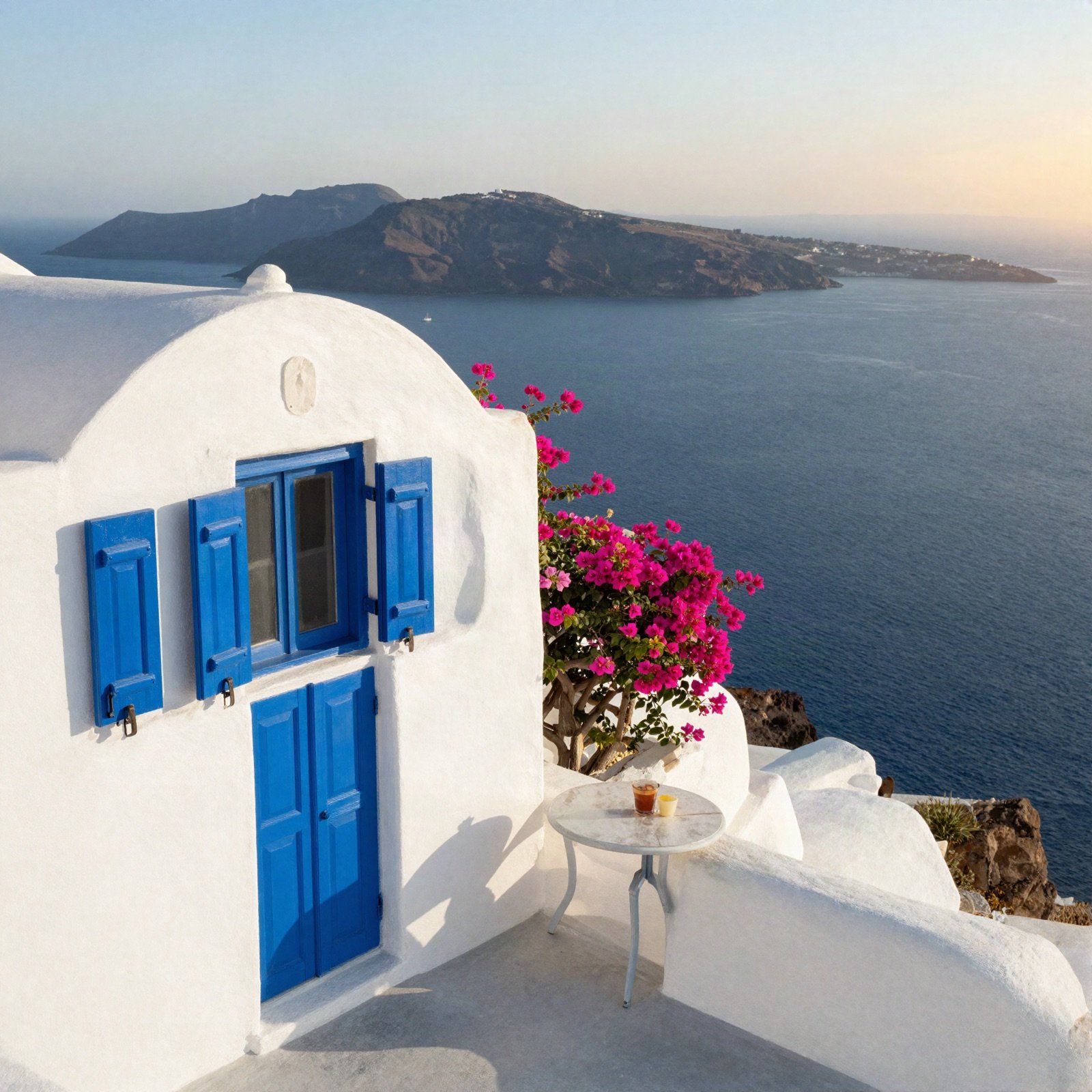 A whitewashed house with blue shutters and bougainvillea above the Aegean Sea