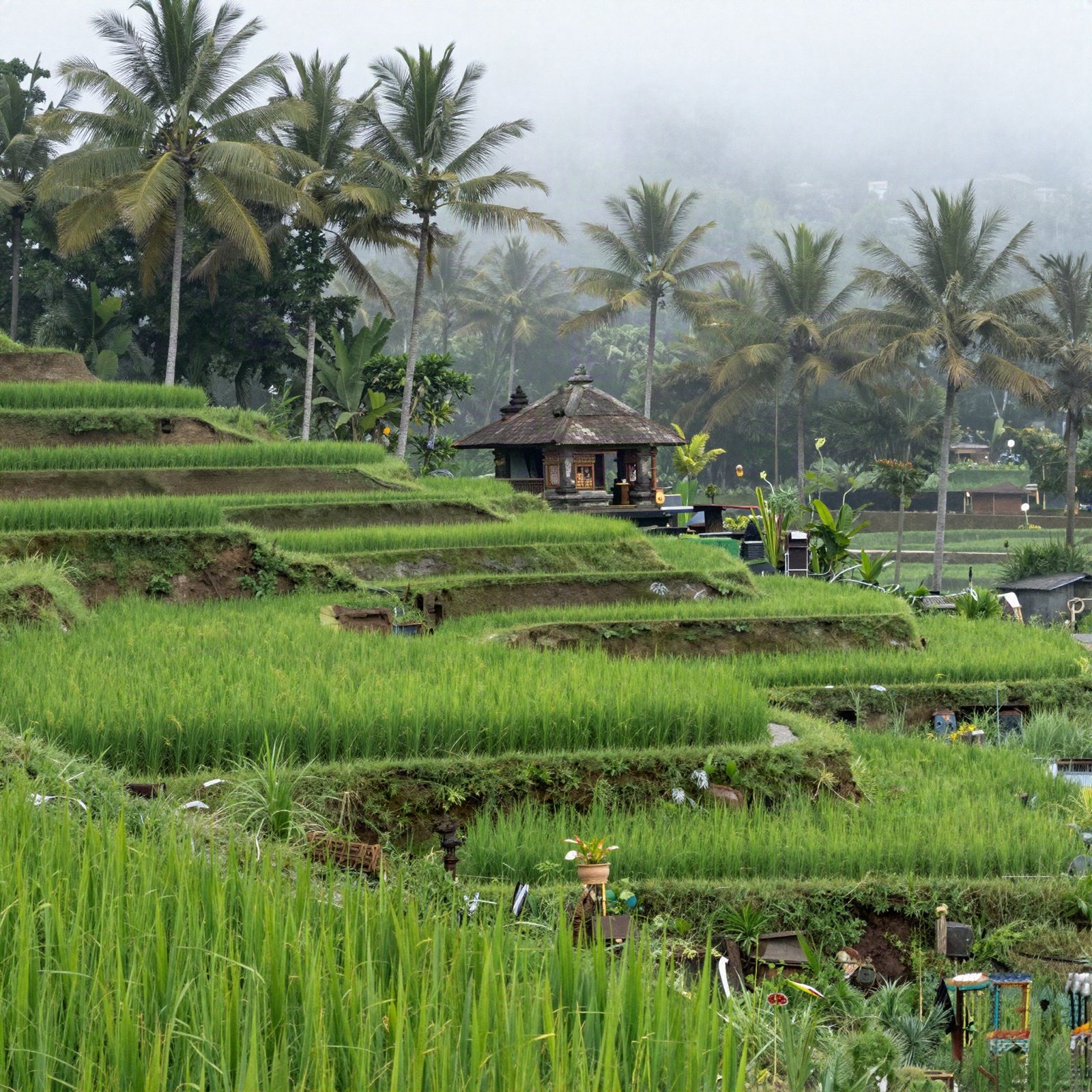 Green rice terraces with palm trees and a small shrine in the morning mist