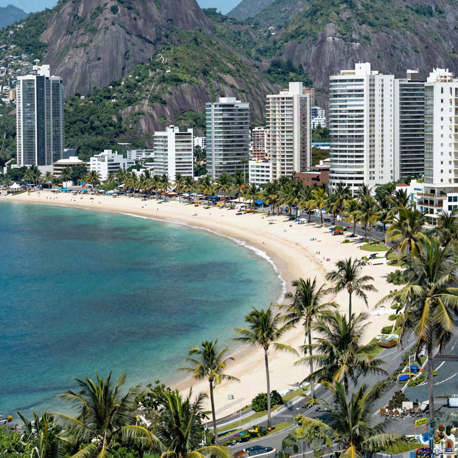 A curved city beach with palm trees below steep green granite hills