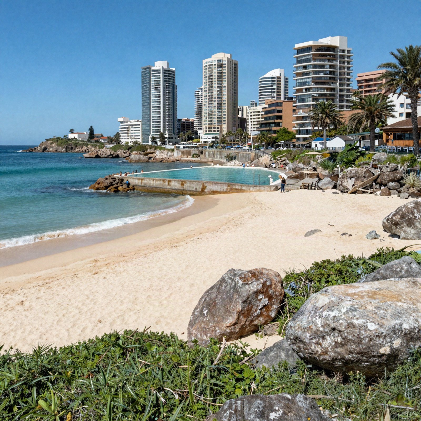 A sandy city beach with an ocean pool and apartment towers