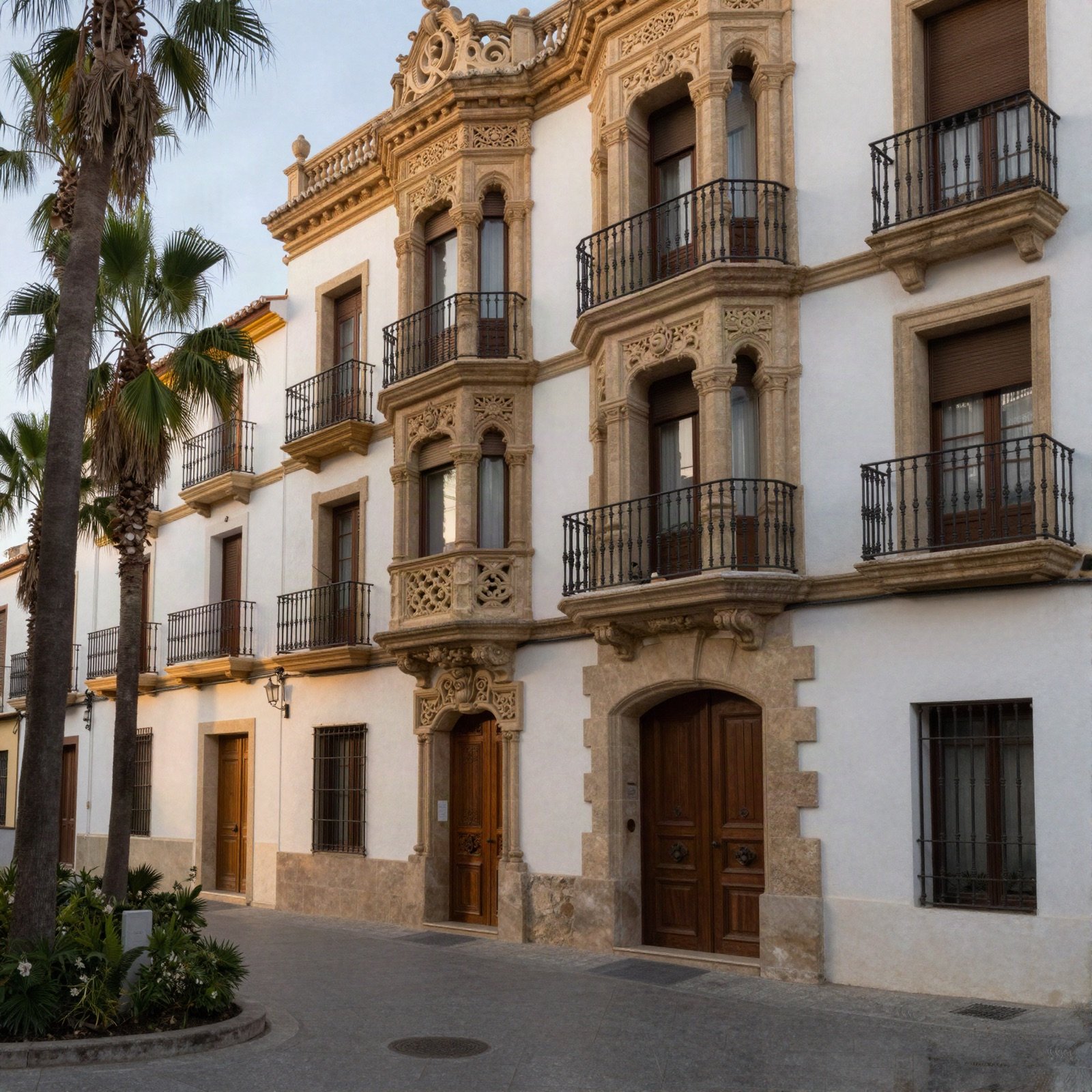 An ornate stone building with iron balconies and palm trees in a Spanish old town