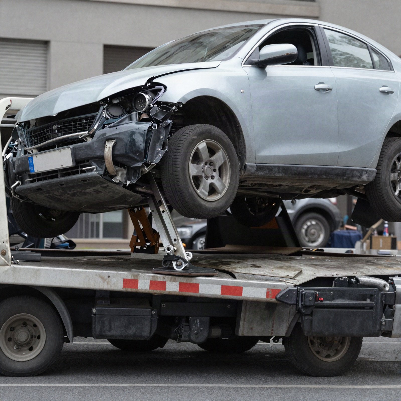Damaged car loaded onto a tow truck flatbed after a collision