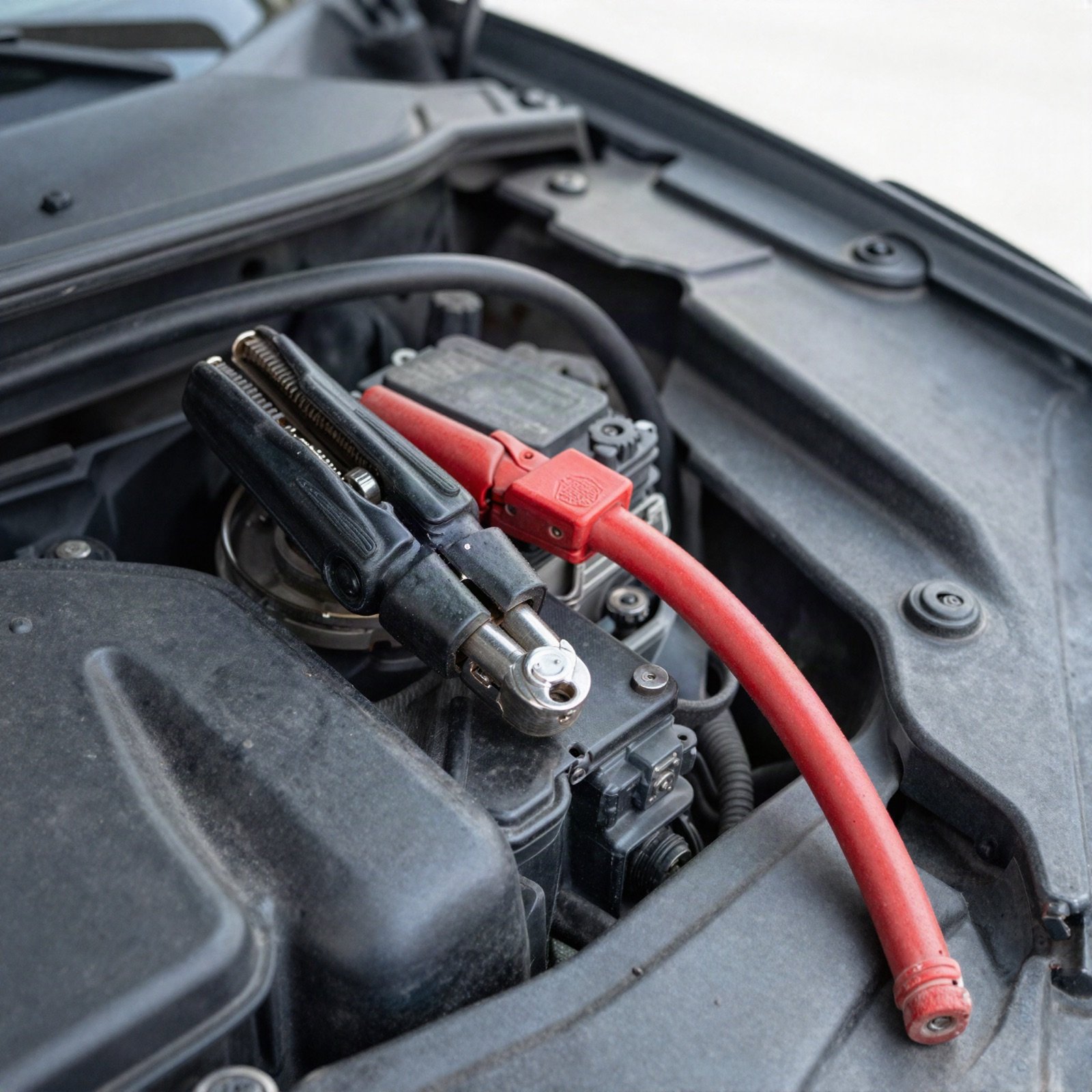 Jumper cables clamped to a car battery under an open bonnet
