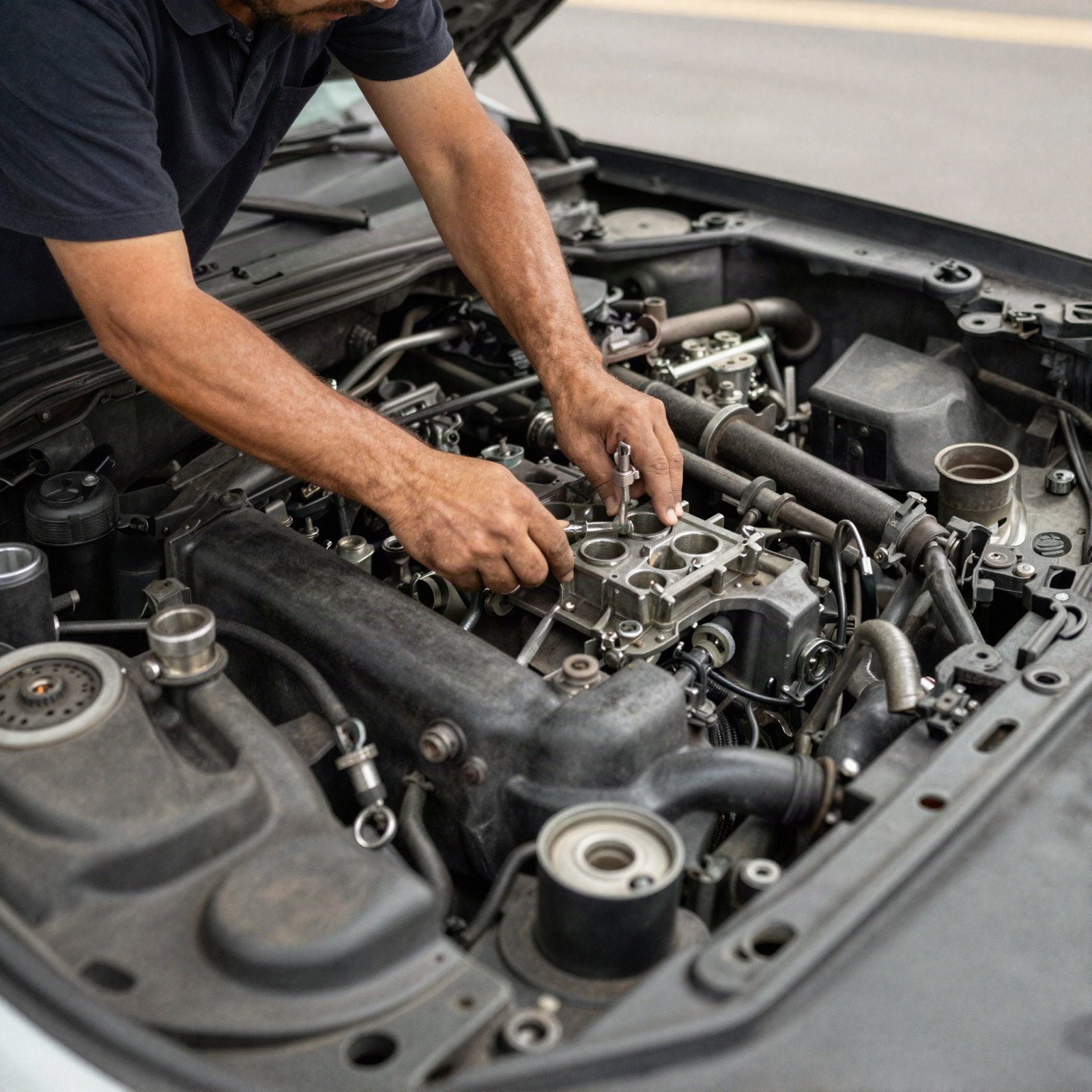 Mechanic repairing a car engine at the roadside