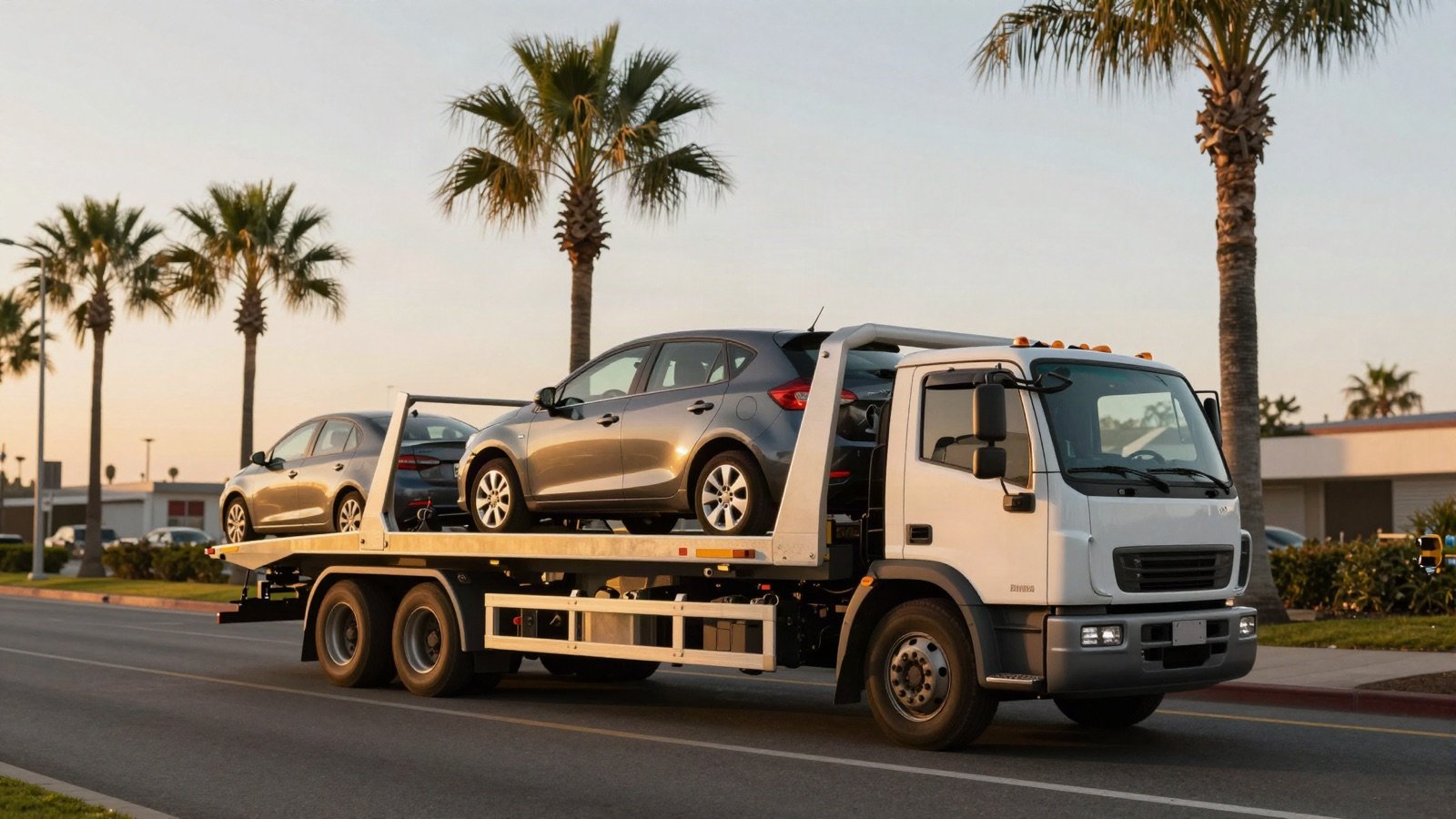 Flatbed tow truck carrying a car along a palm-lined road at sunset