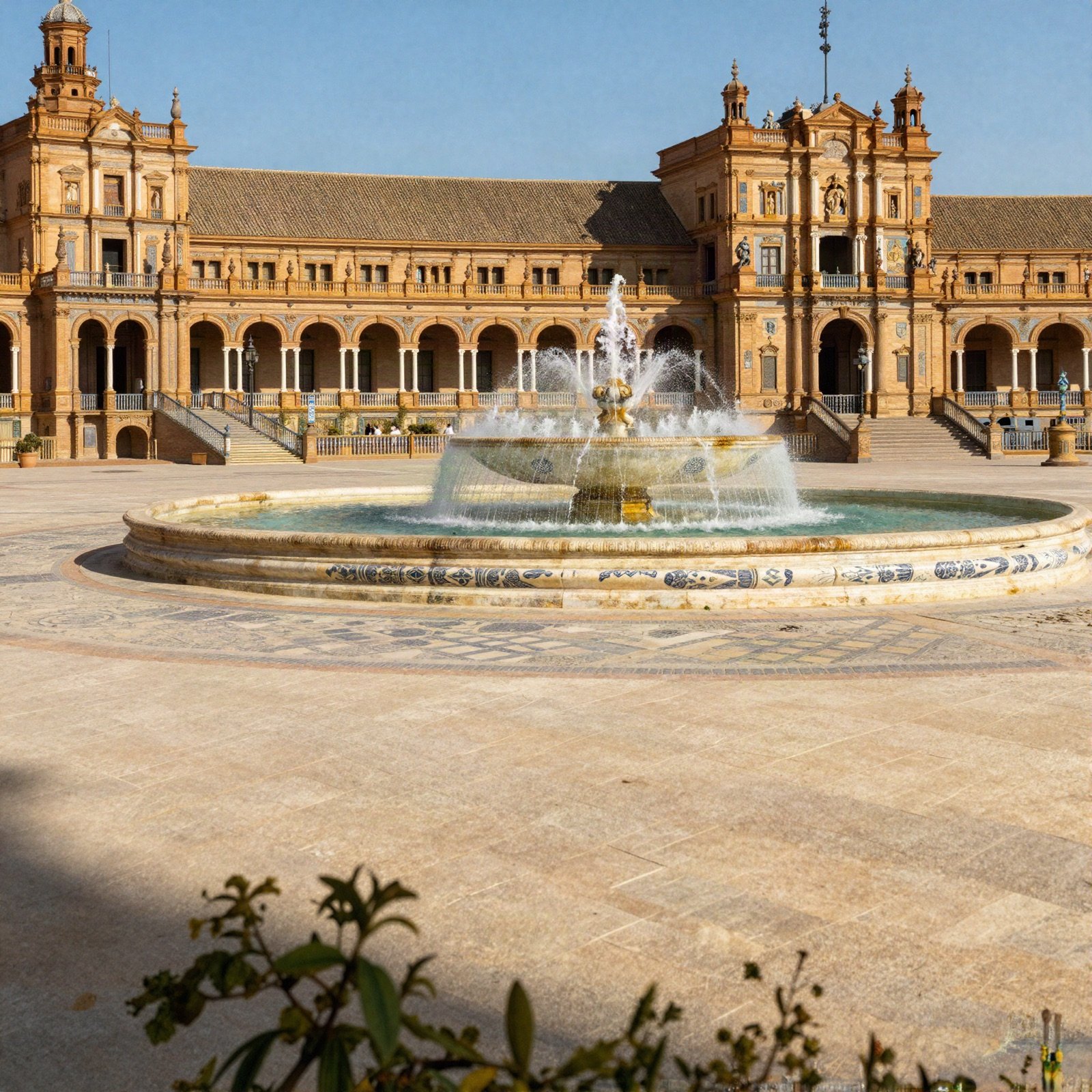 Ornate Spanish plaza with a fountain in warm afternoon light