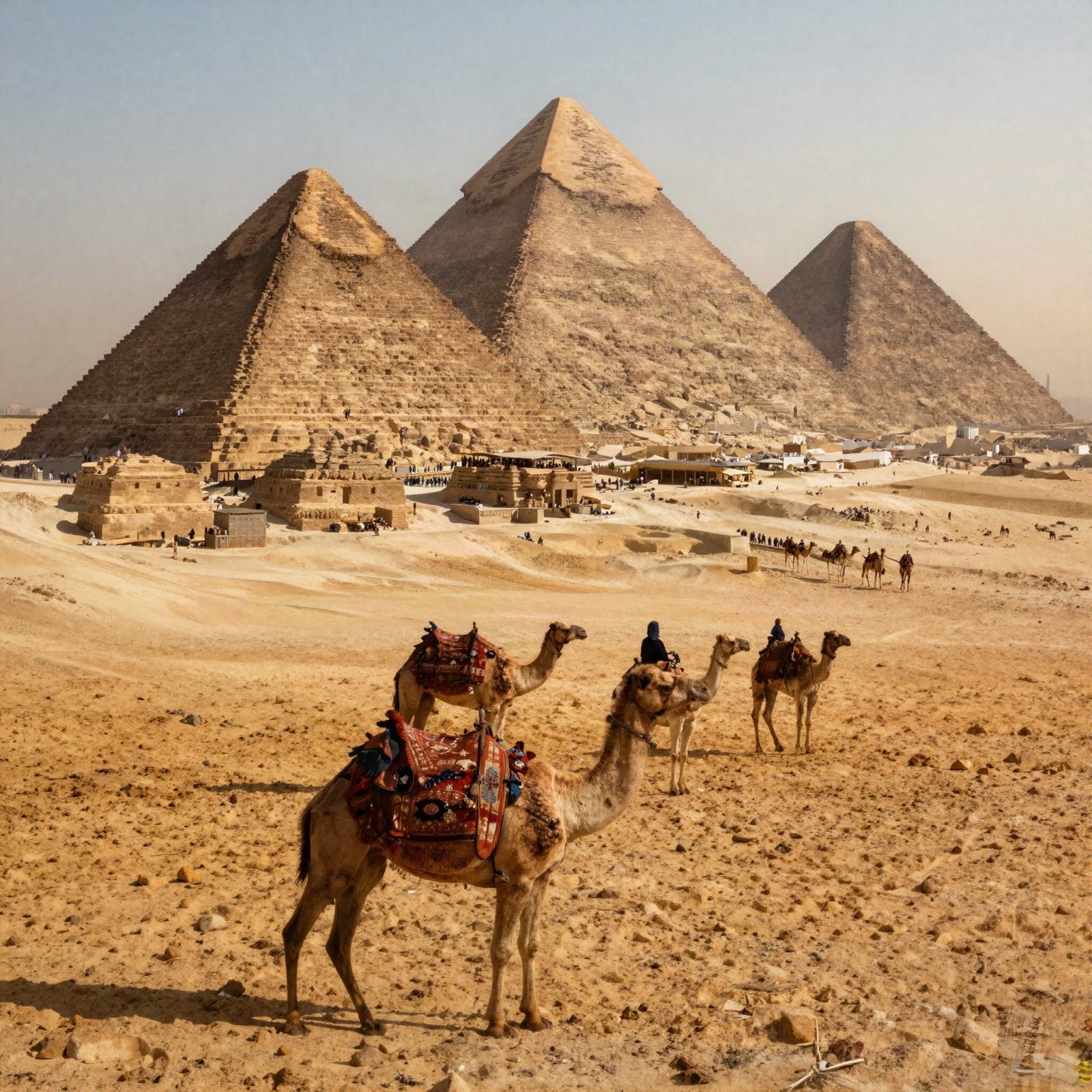 Pyramids of Giza with camels in the desert at sunset