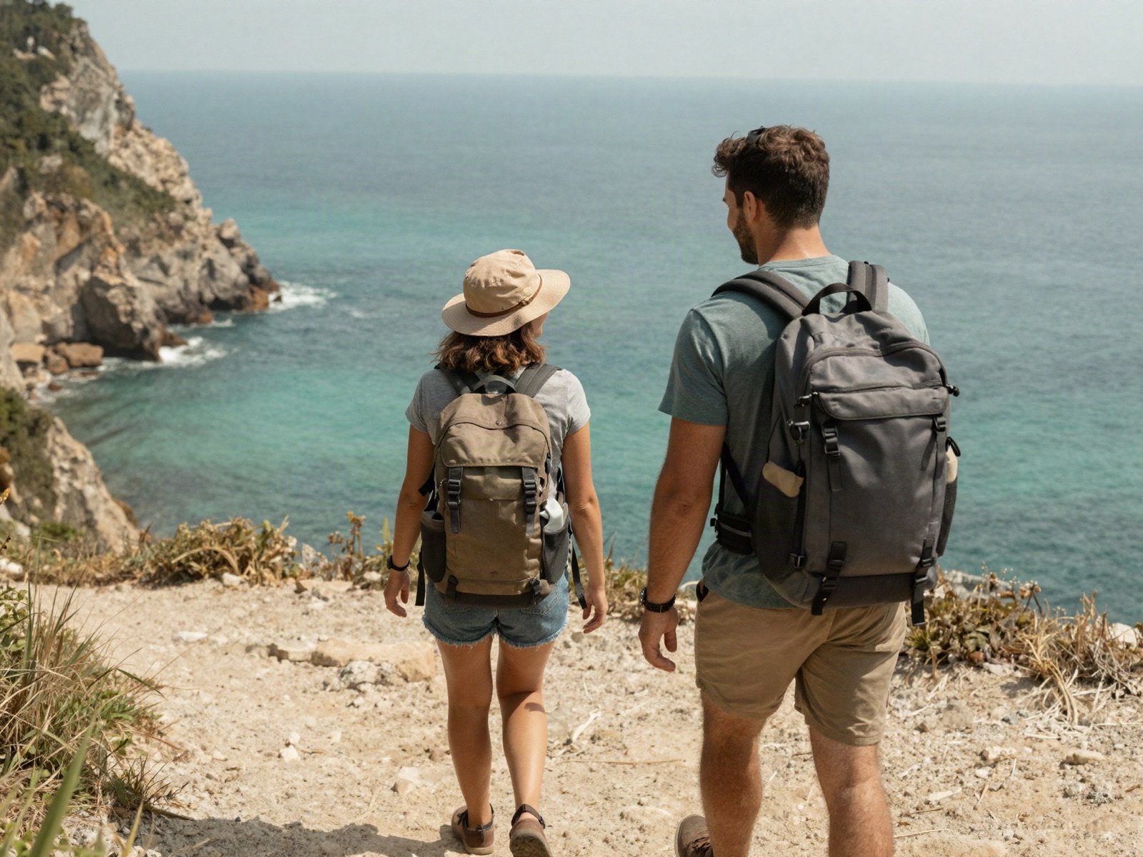 Couple of hikers with backpacks on a coastal cliff path above a turquoise sea