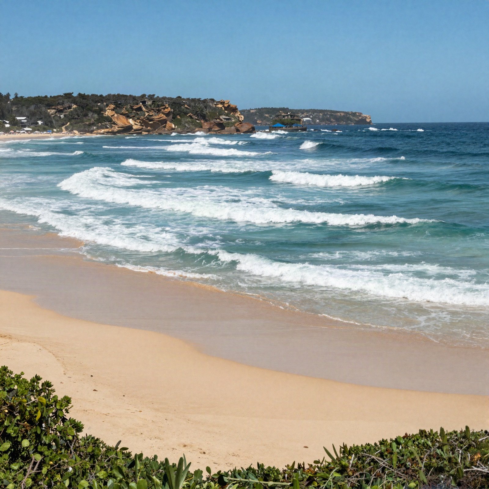 Sandy Australian surf beach with turquoise waves and a headland