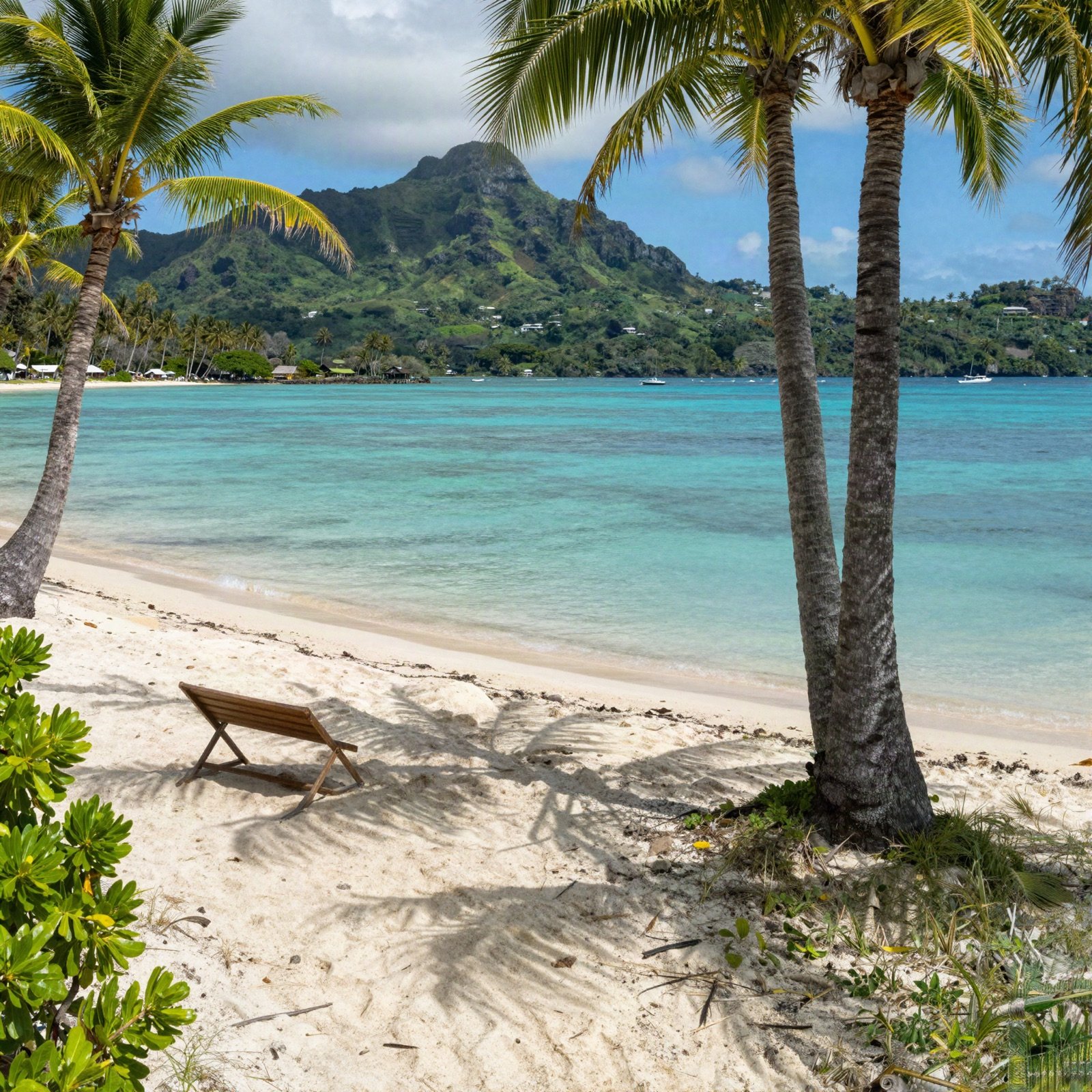 A tropical beach with palm trees and a green mountain behind the lagoon