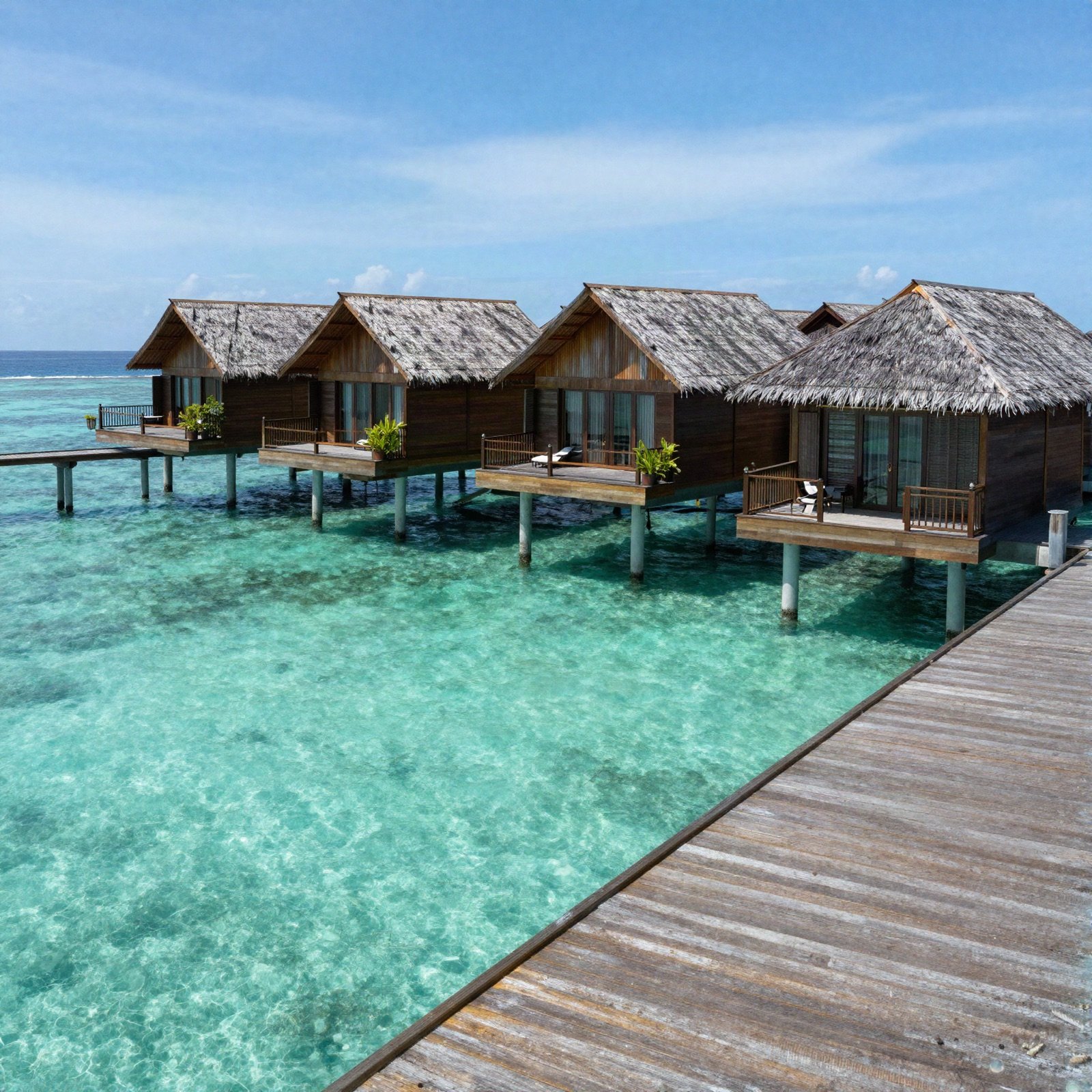 Thatched overwater villas above a clear turquoise lagoon