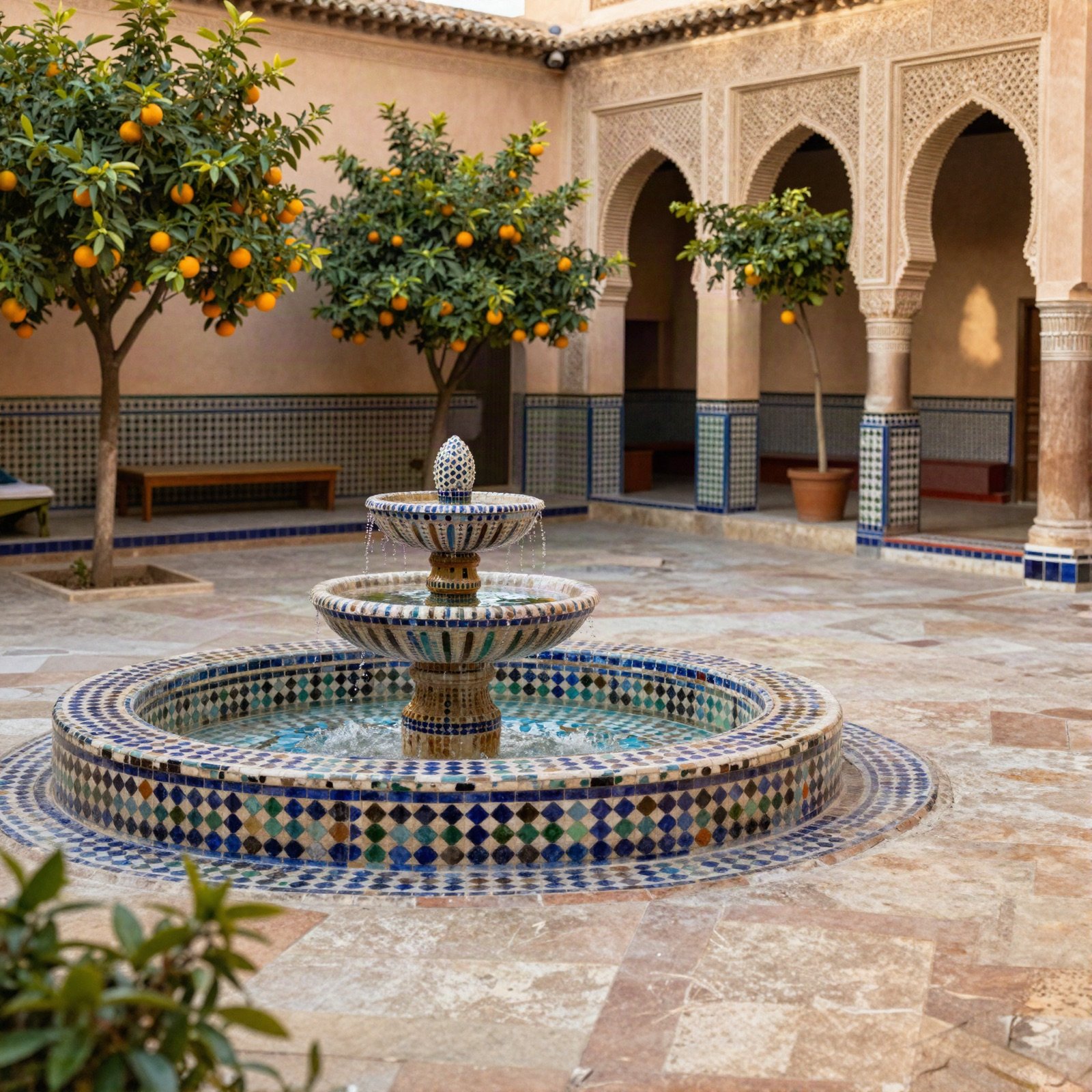 A riad courtyard with a mosaic fountain, carved arches and orange trees