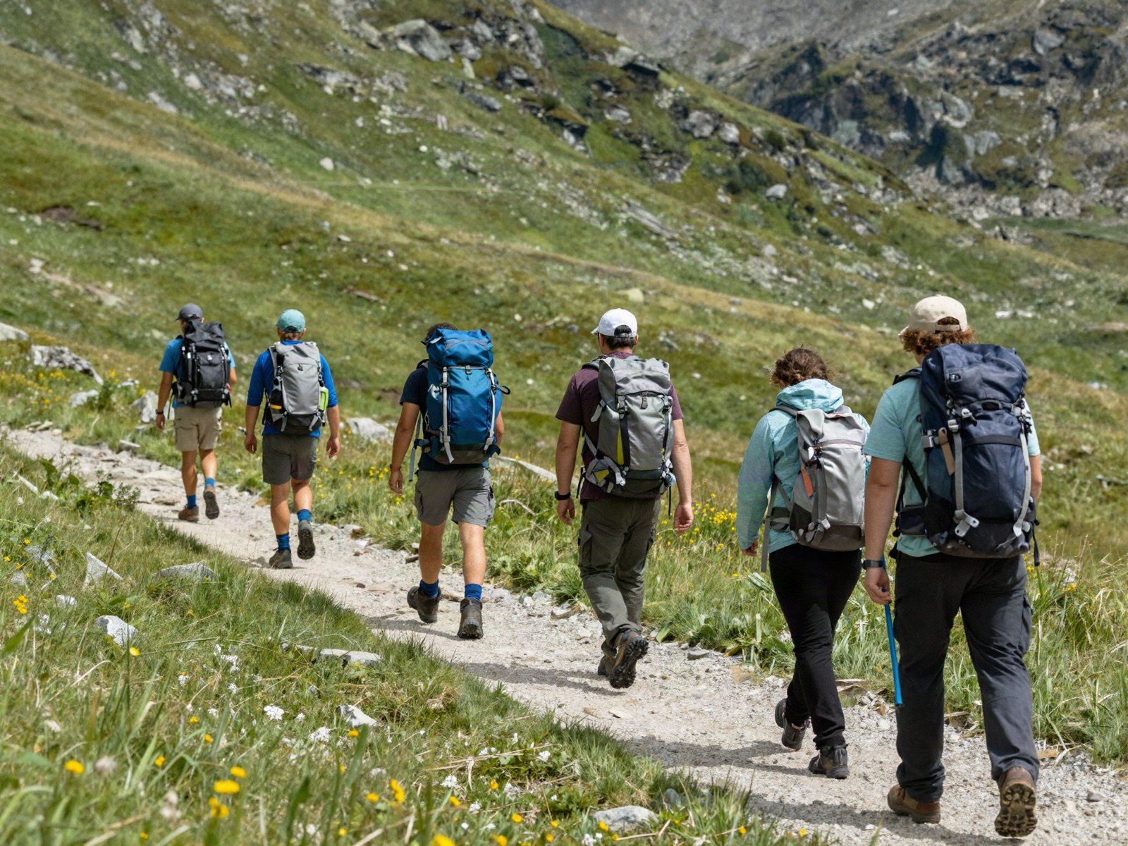 A group of hikers walking a mountain trail through alpine meadows