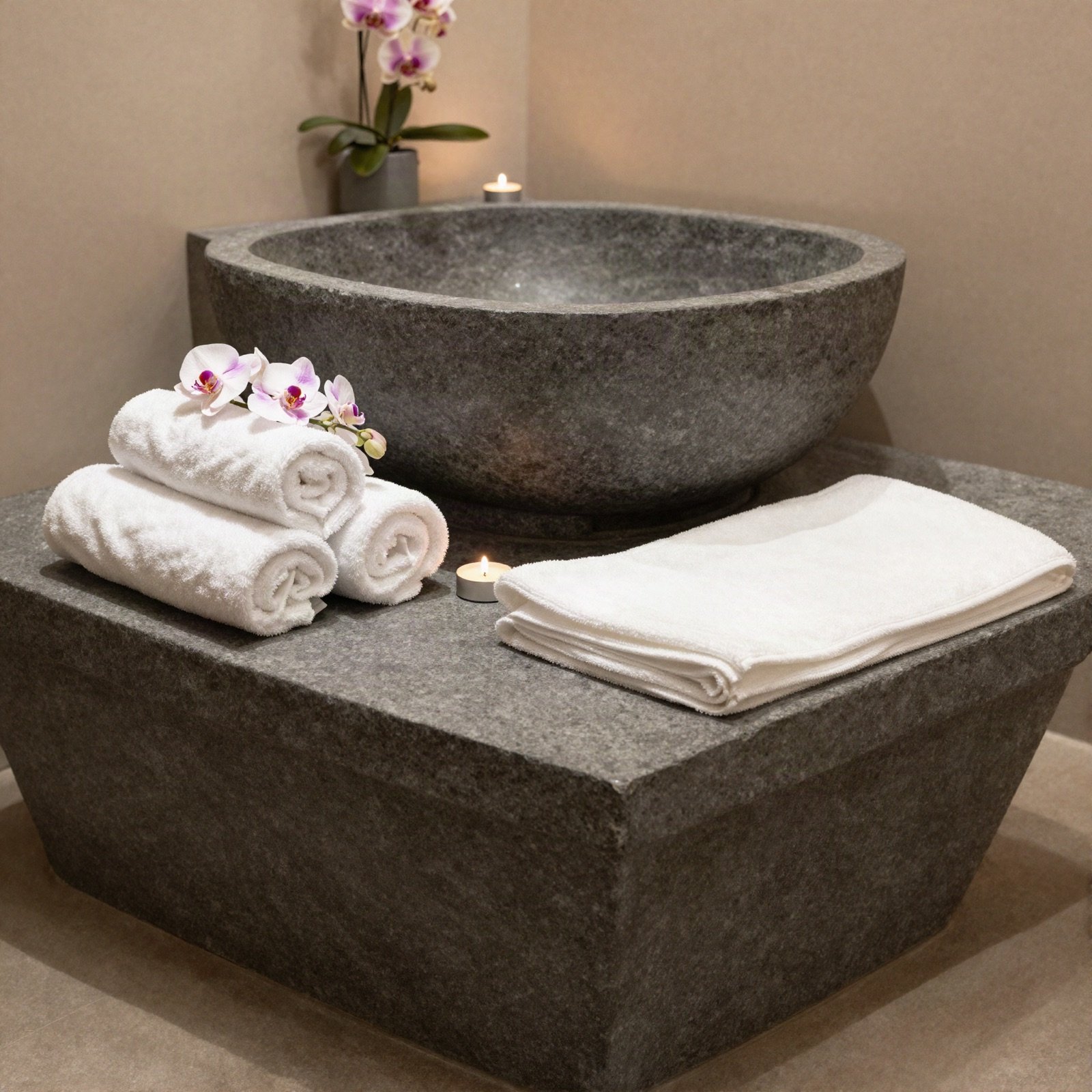 Spa room with a stone basin, rolled white towels and orchids