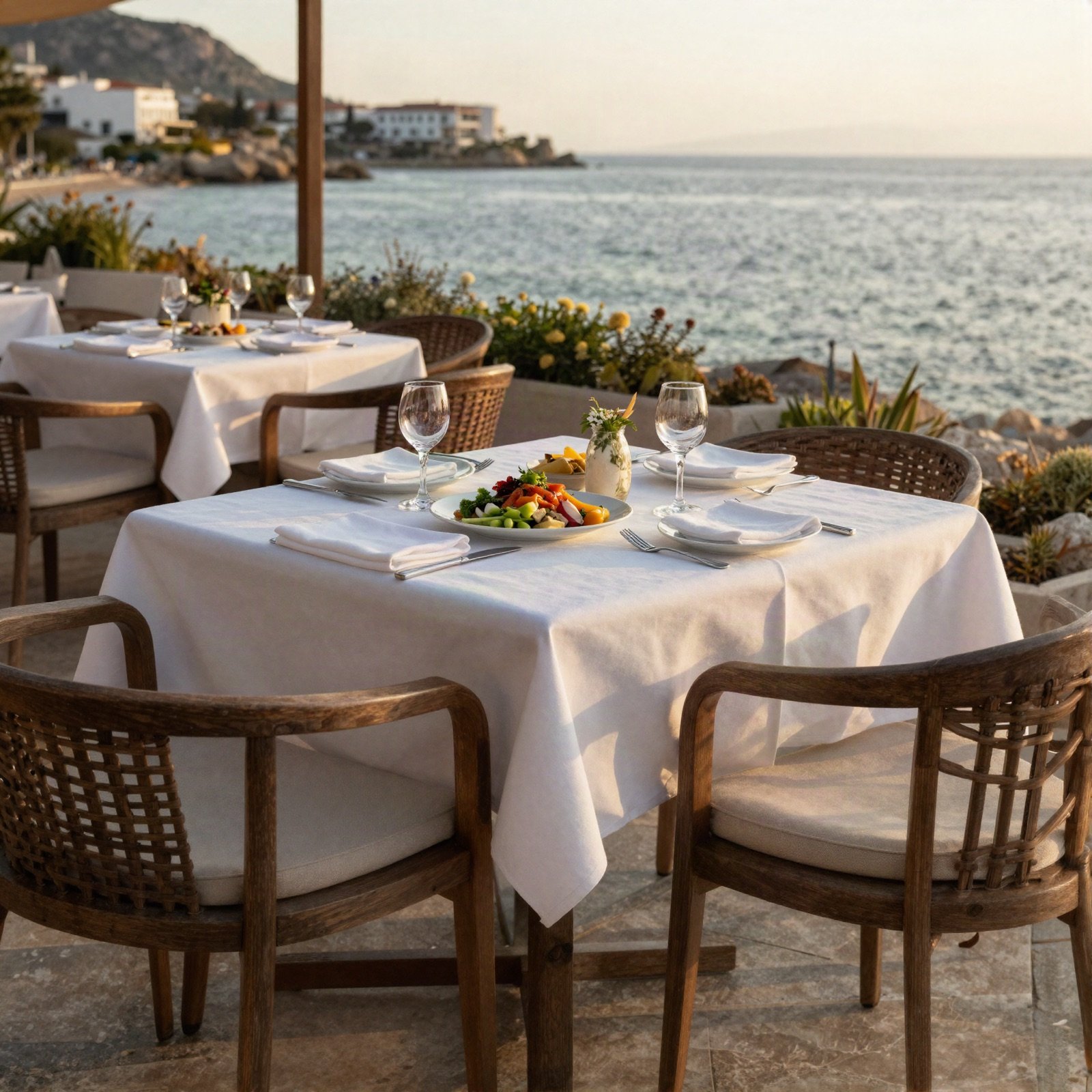 Seaside restaurant terrace with set tables and Greek dishes at sunset