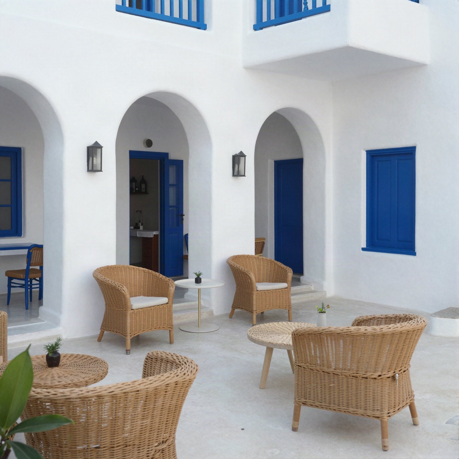 Whitewashed hotel courtyard with arched blue doors and wicker armchairs