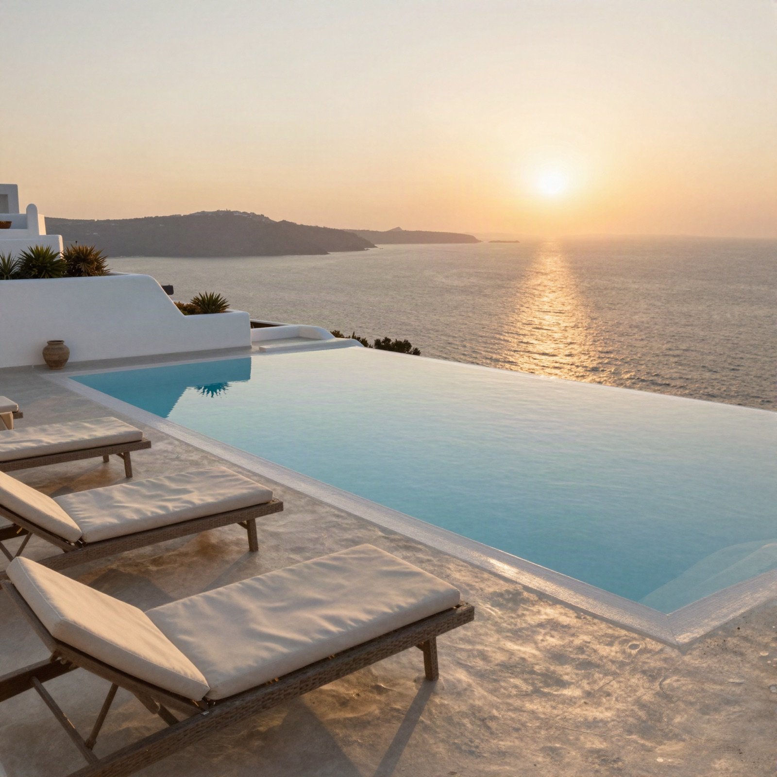 Infinity pool and sun loungers facing the sea at sunset