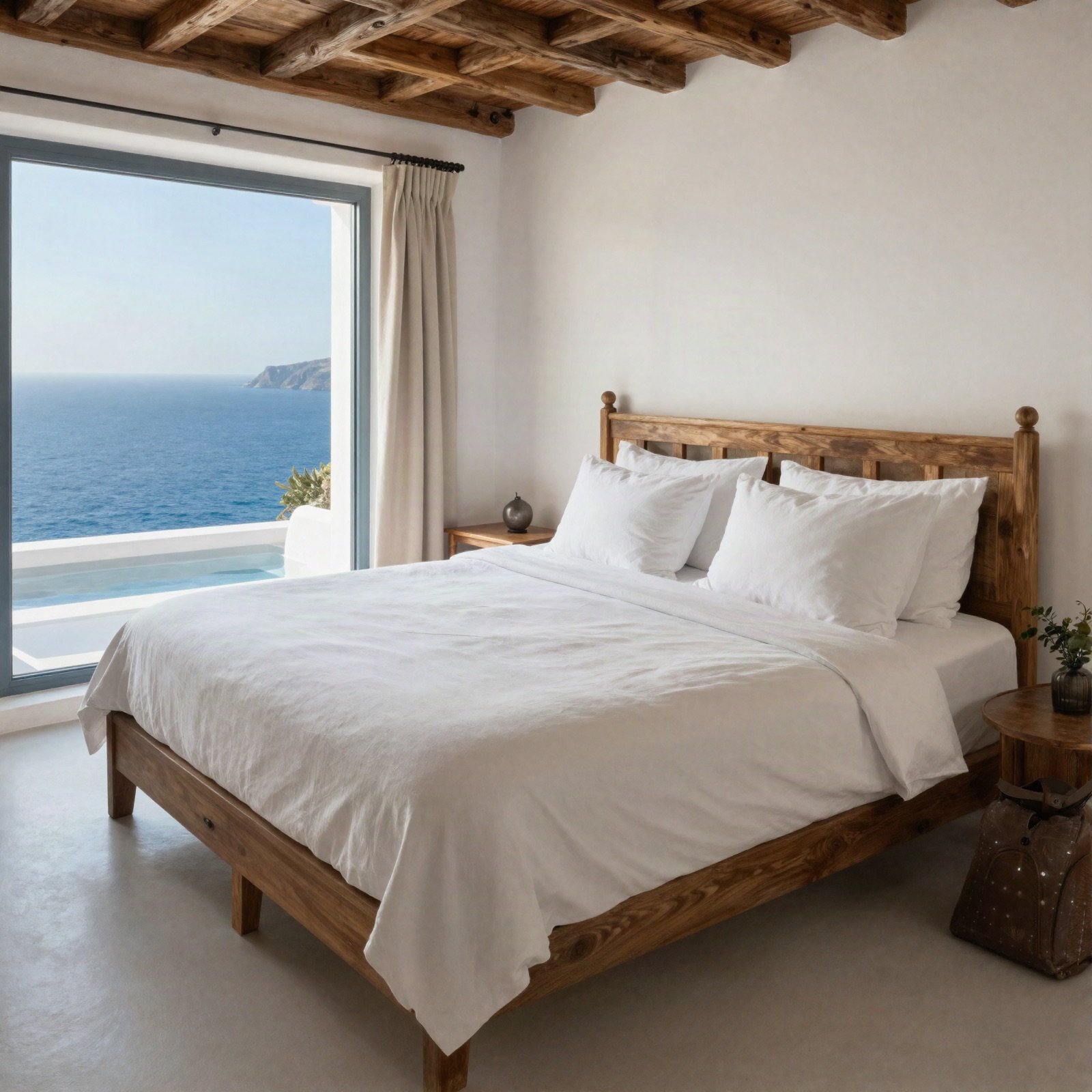 Bedroom with a wooden bed, white linen and a large sea-view window