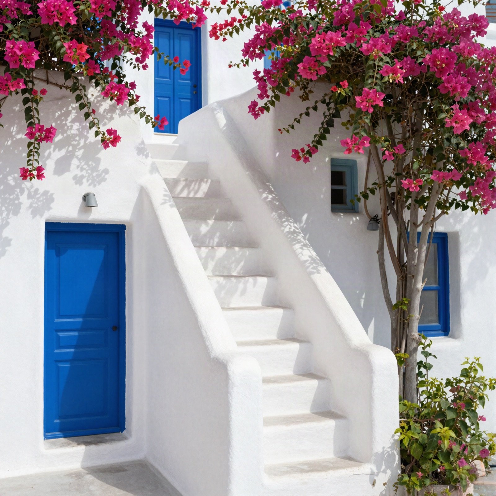 Whitewashed staircase with a blue door and pink bougainvillea