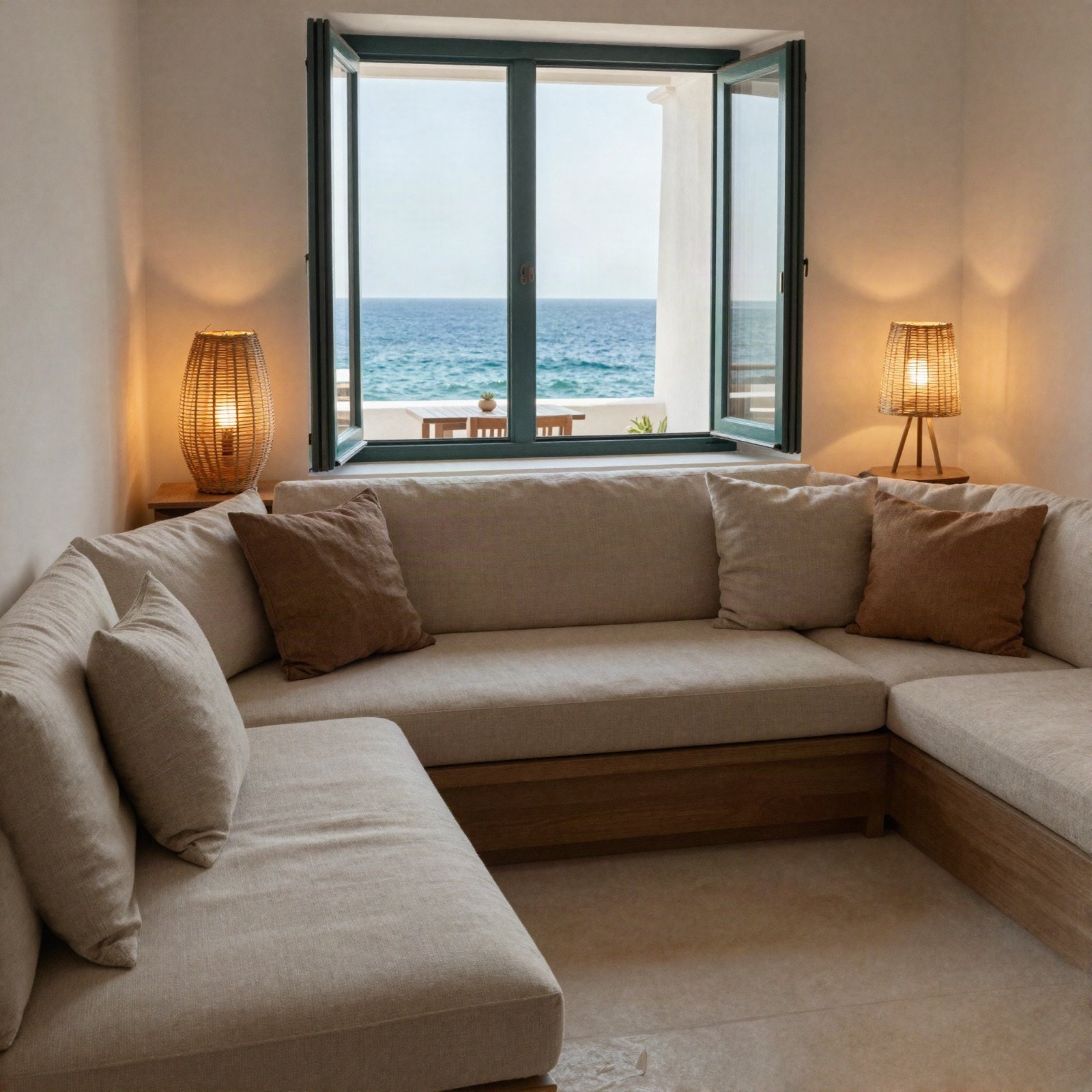 Lounge with a linen corner sofa and woven lamps by an open window
