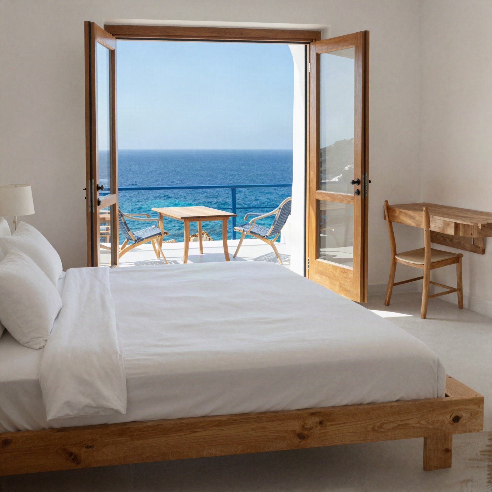 Double deluxe room with a white bed and a balcony door open to the sea