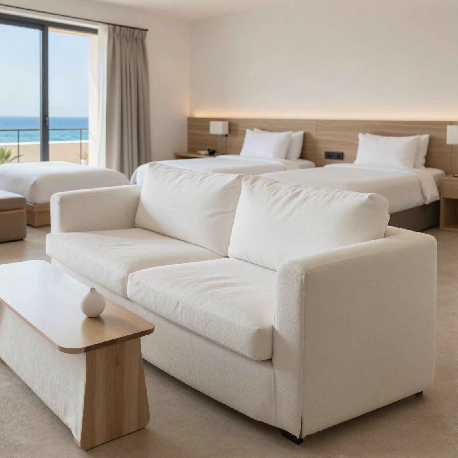 Standard suite with a white sofa and beds by sea-view windows