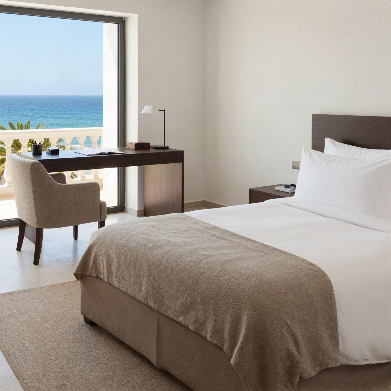 Executive suite with a writing desk, armchair and sea-view terrace