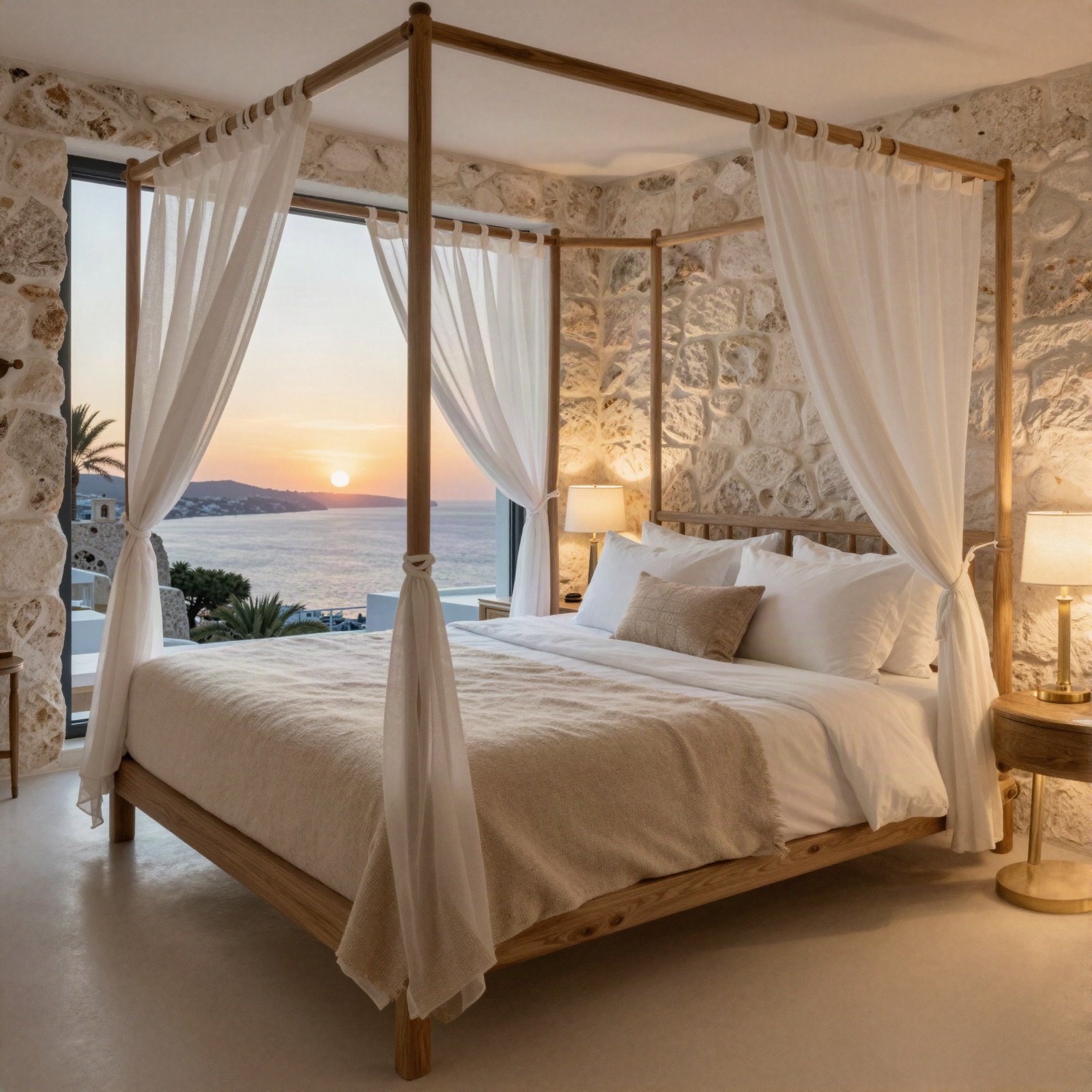 Presidential suite with a canopy bed and stone walls at sunset