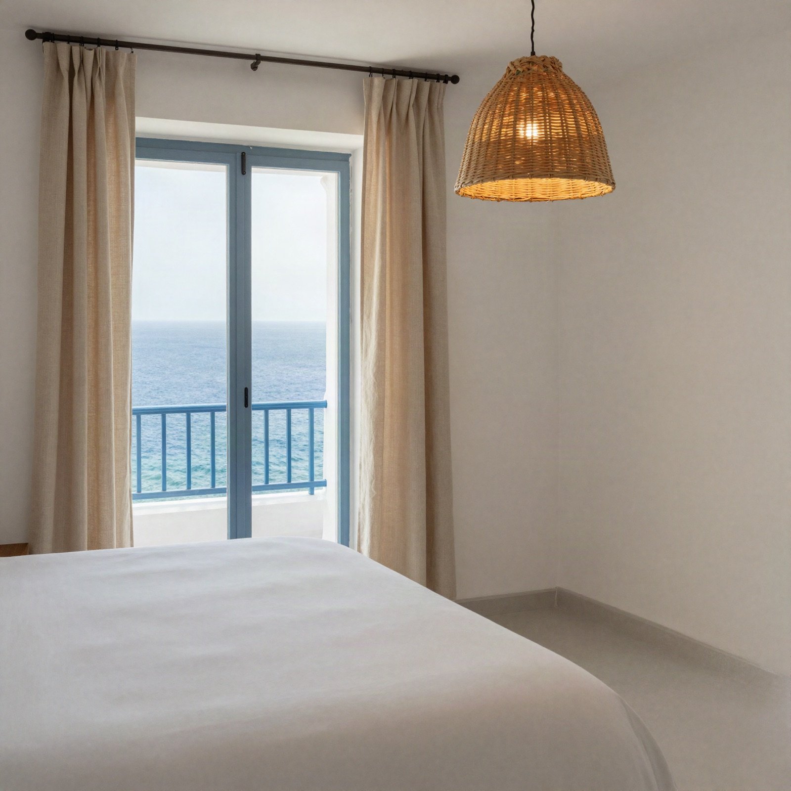 Calm room with a white bed, rattan pendant lamp and sea-view balcony