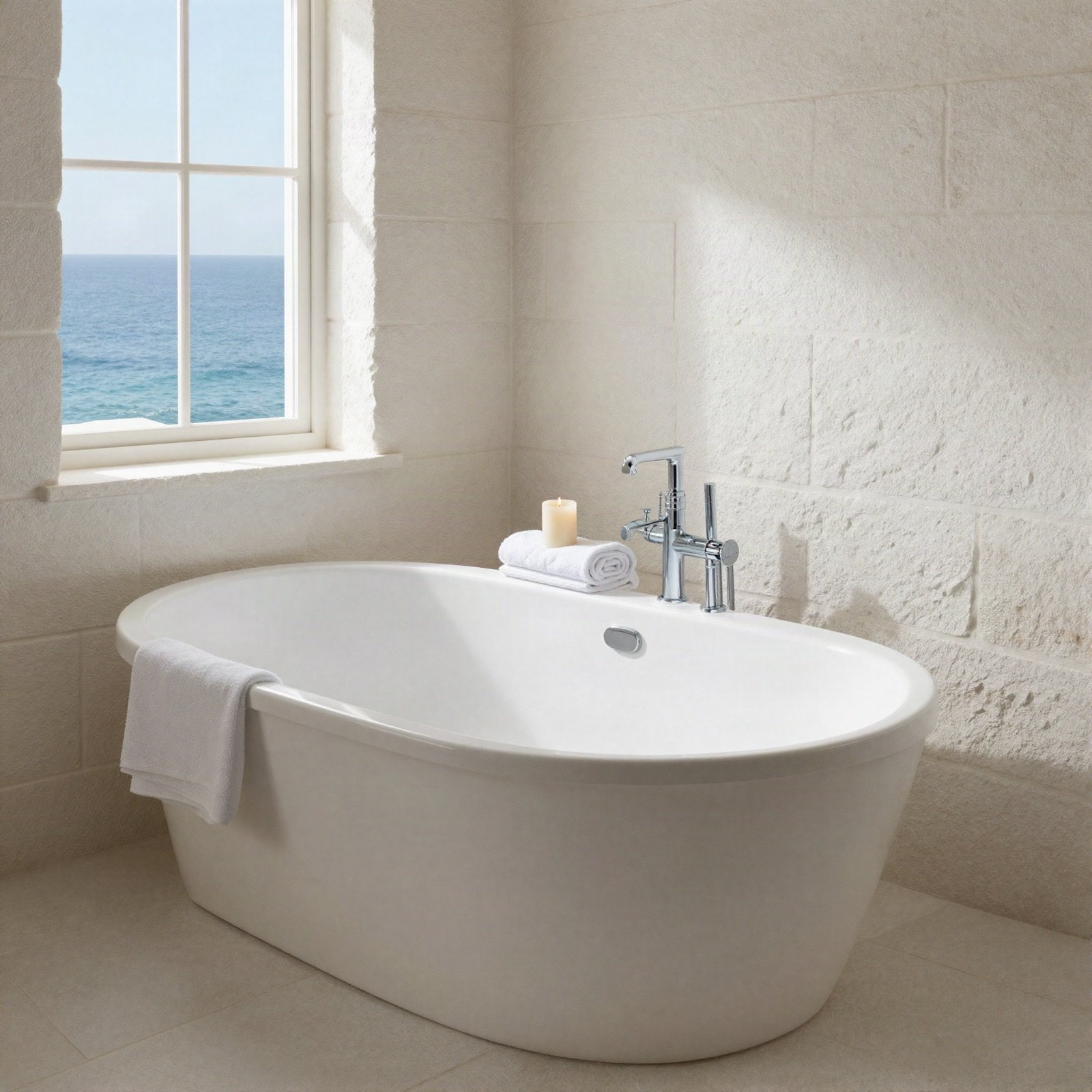 Freestanding white bathtub in a stone bathroom with a sea view