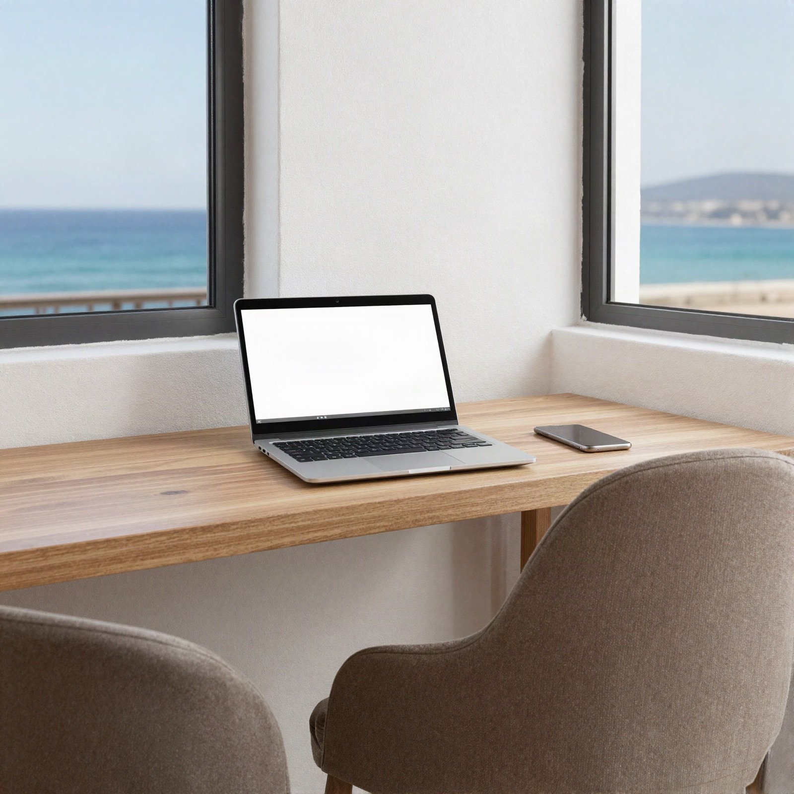 Laptop on a wooden desk by windows overlooking the sea