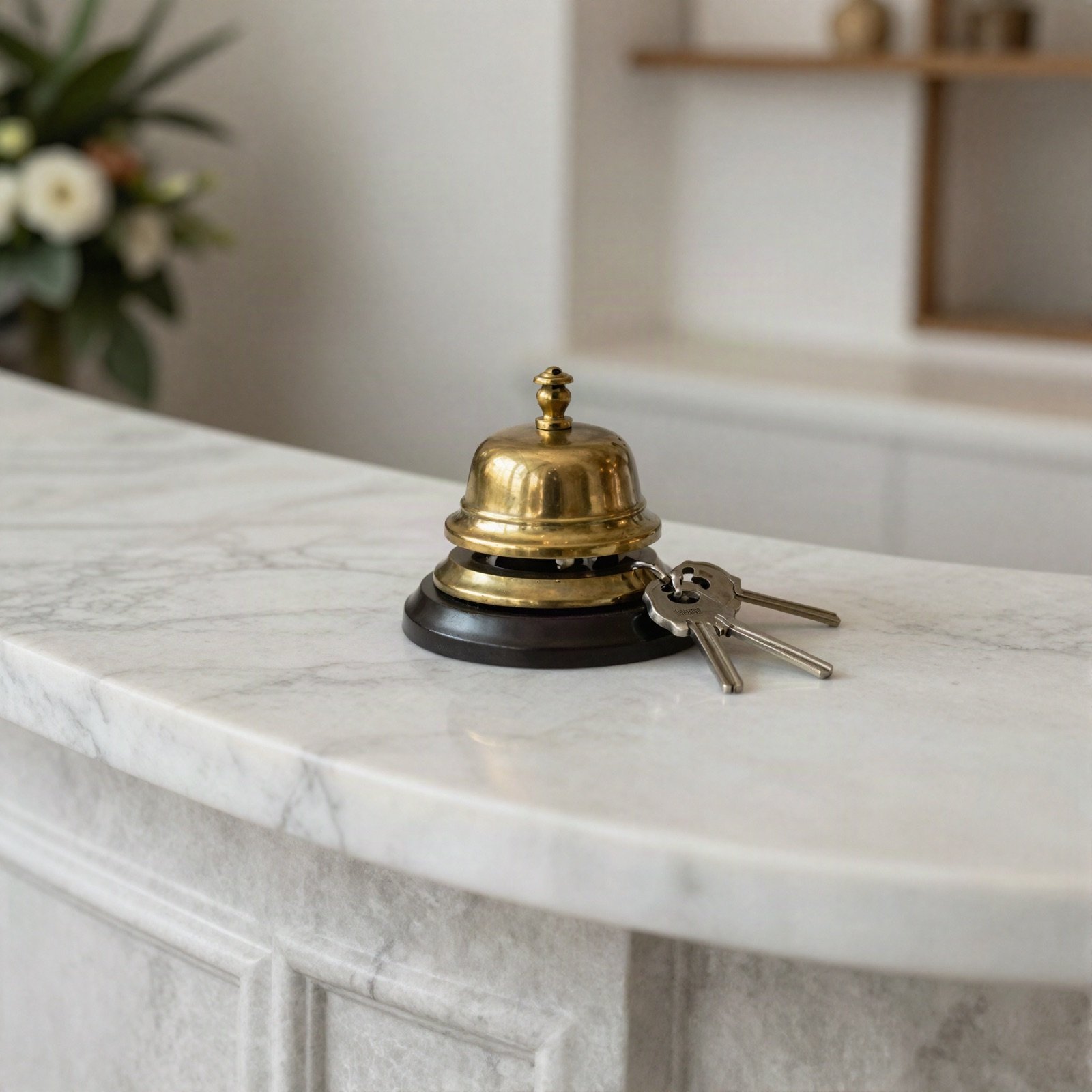 Brass bell and room keys on a marble reception counter