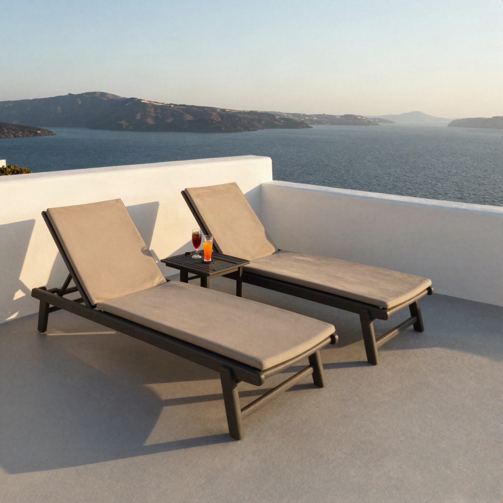 Two lounge chairs on a white terrace overlooking the sea