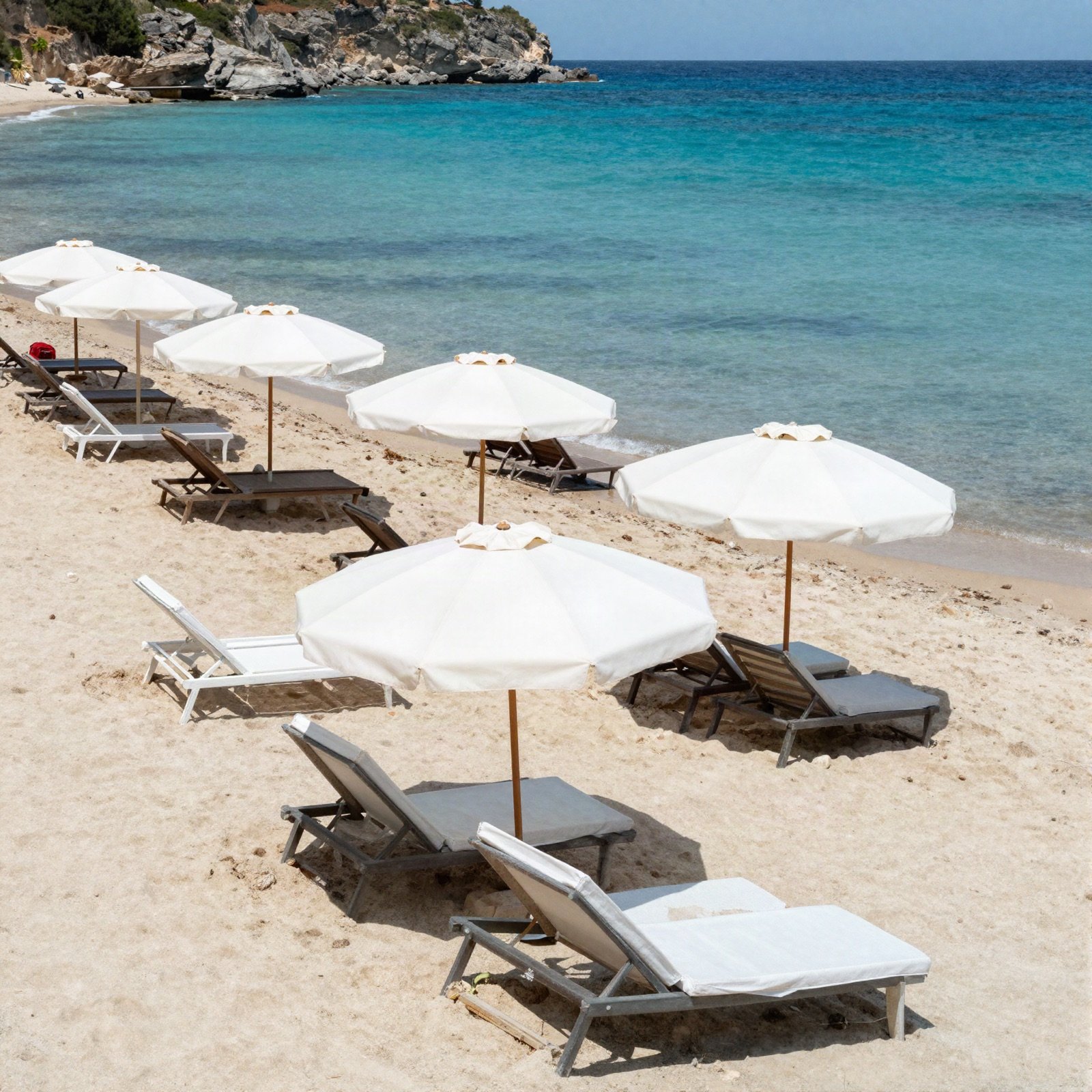 Private sandy beach with white parasols and sun loungers