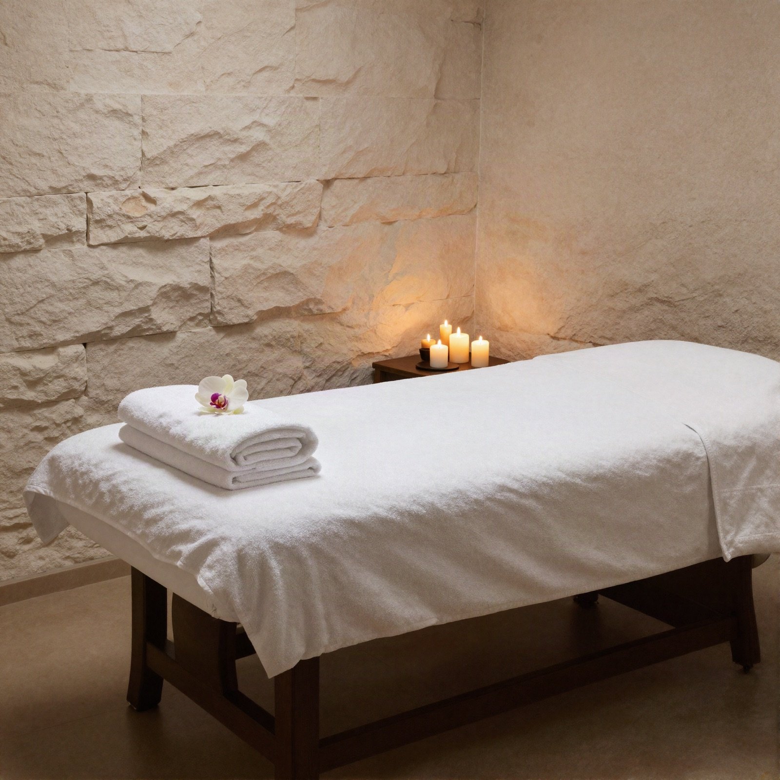 Spa treatment bed with folded towels and candles