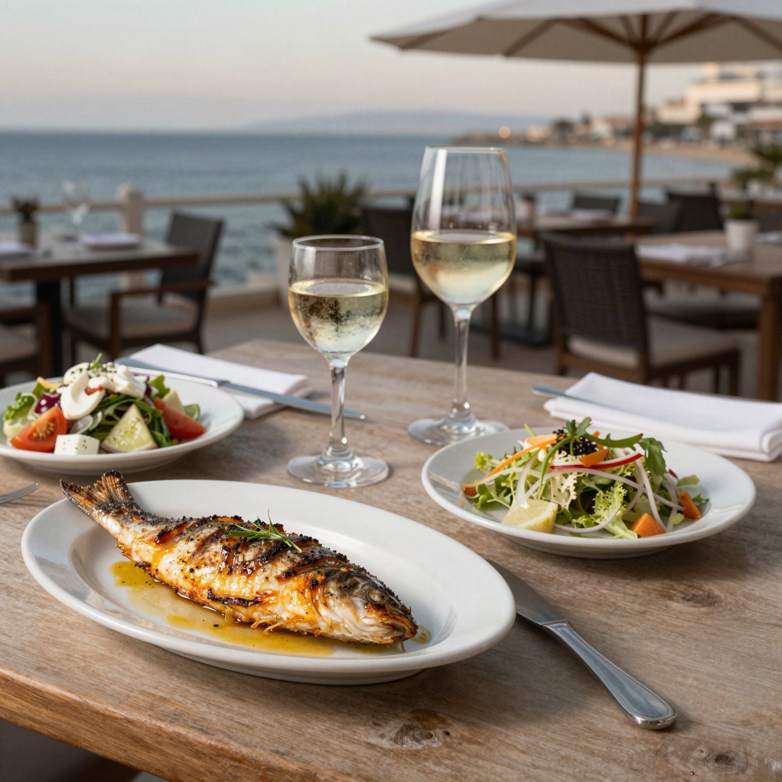 Grilled fish, Greek salad and white wine on a seaside table