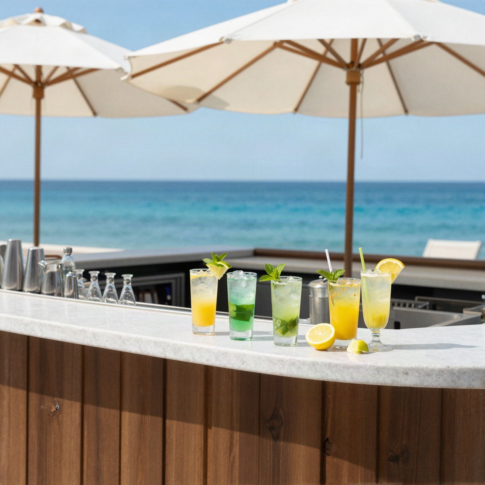 Poolside bar with fresh lemonades and white umbrellas