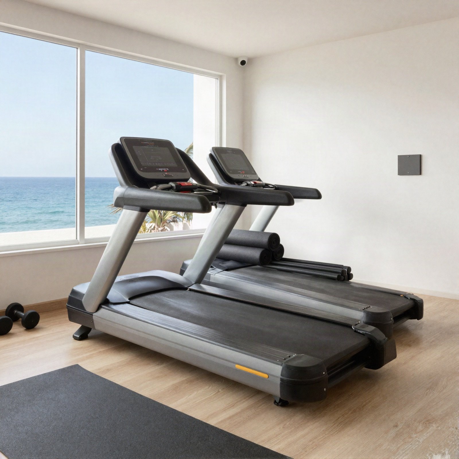 Fitness room with treadmills facing a sea-view window