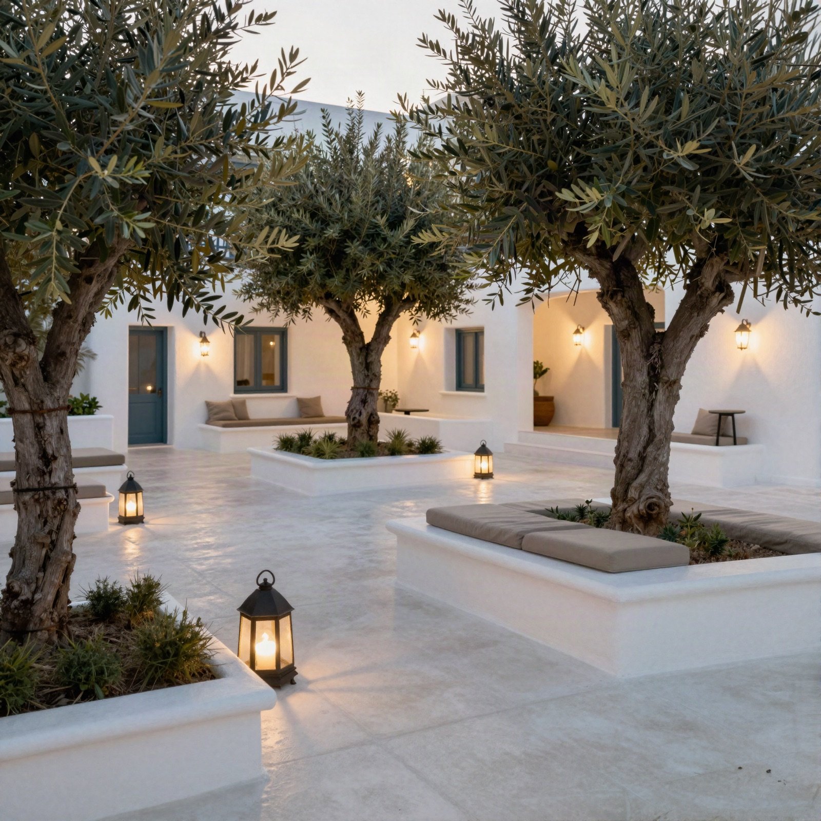 Whitewashed courtyard with olive trees and lanterns at dusk