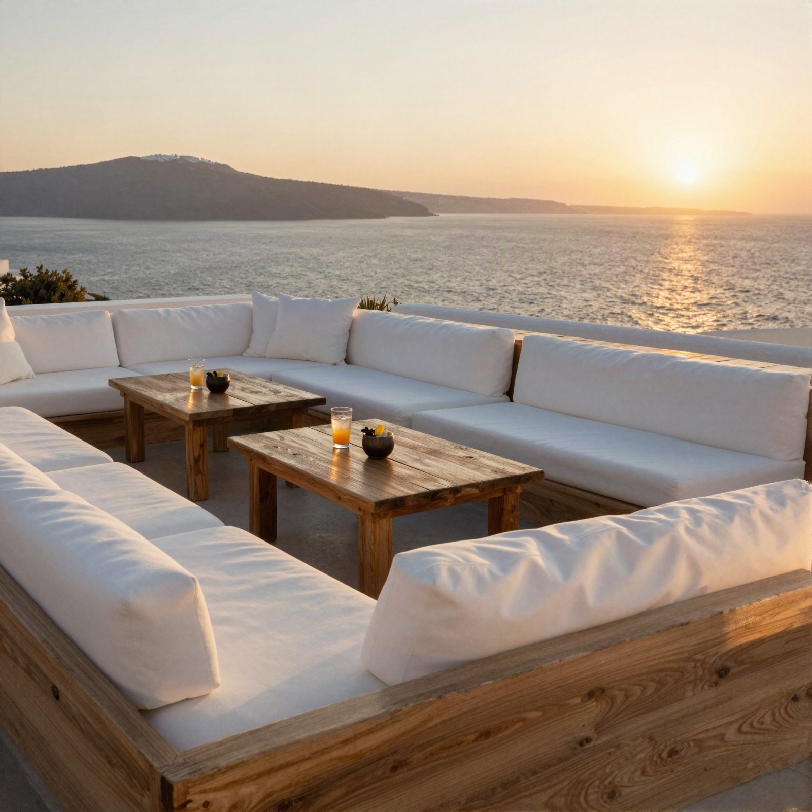 Sunset lounge terrace with white sofas above the sea