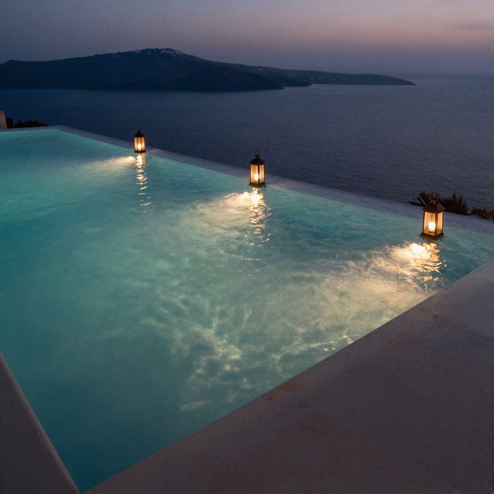 Lantern-lit infinity pool overlooking the sea at dusk