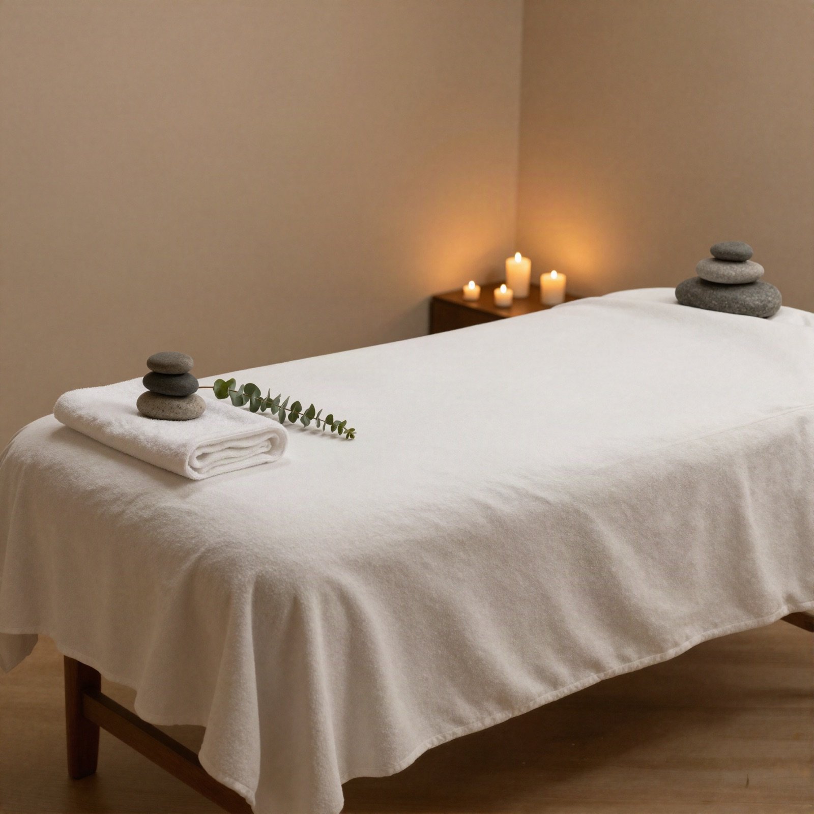 Spa treatment room with a linen-draped table, stones and candles
