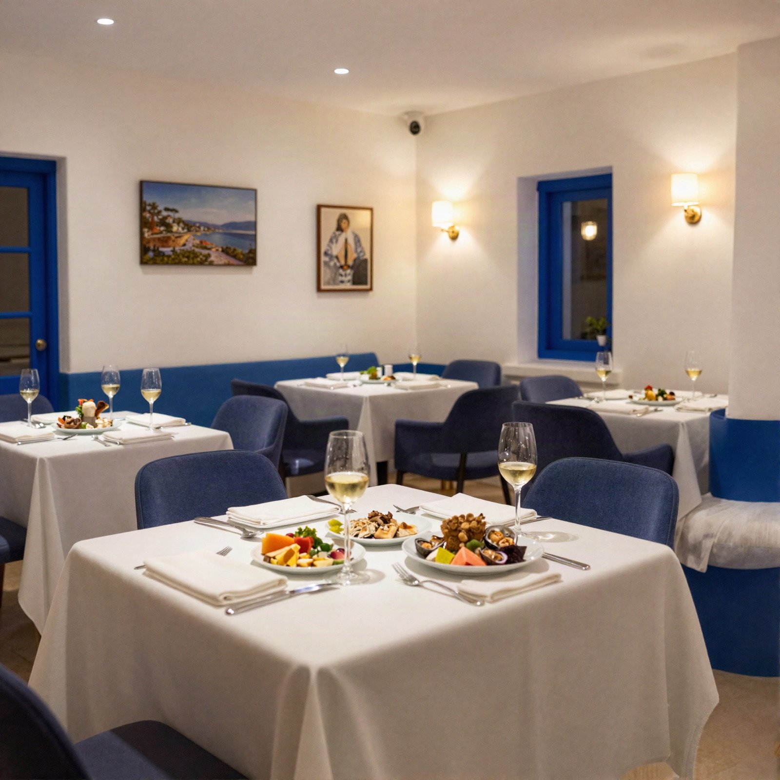 Whitewashed hotel dining room with tables set with seafood and wine