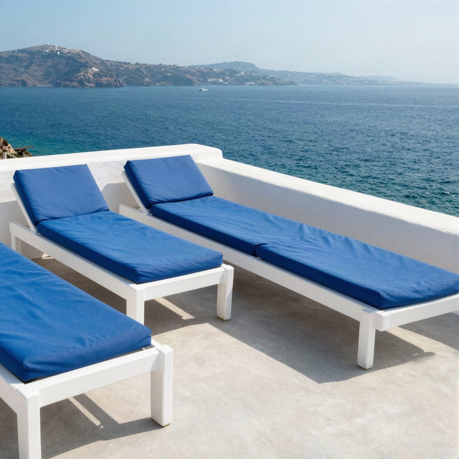 Whitewashed hotel terrace with blue loungers above the sea