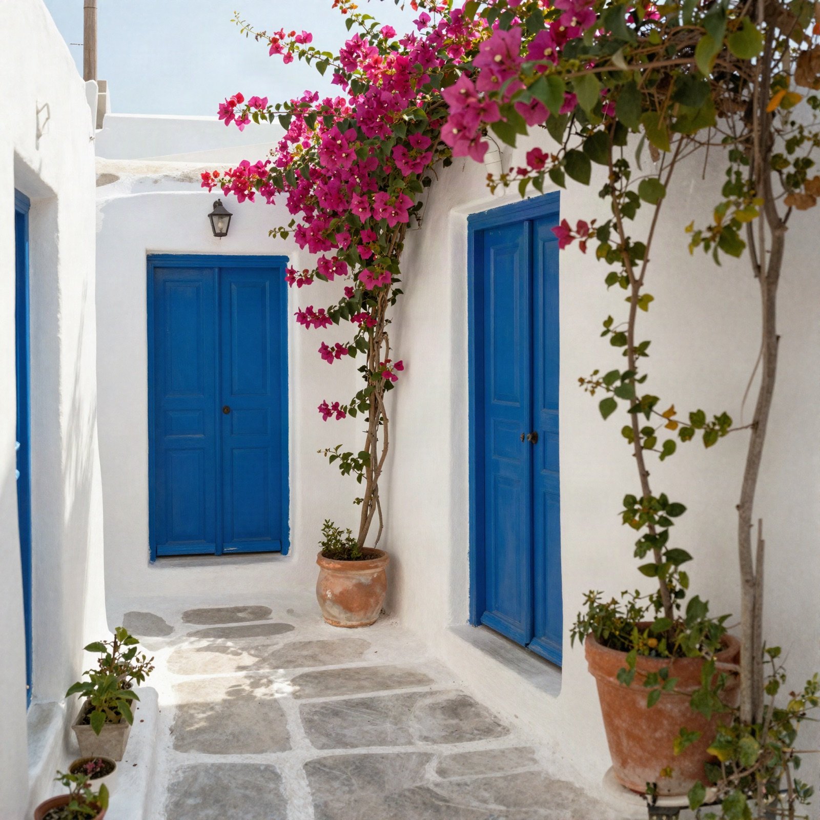 Whitewashed village lane with bougainvillea and blue doors