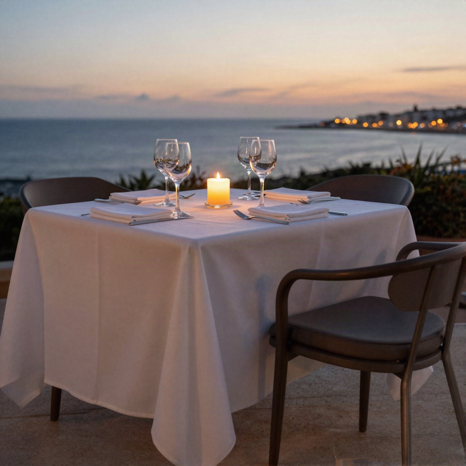 Candlelit dinner table on a seaside terrace at sunset